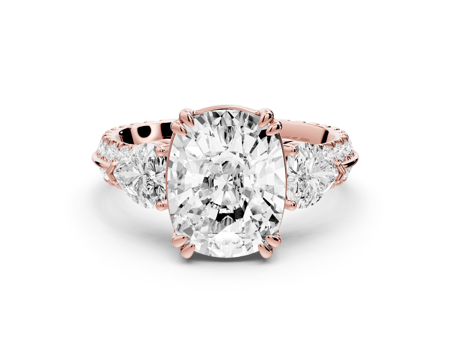 Elinor - 4ct 18k rose gold ecushion diamond Double talon prongs with two heart side stones and rollover pavé engagement ring - Mr. Alex Jewelry