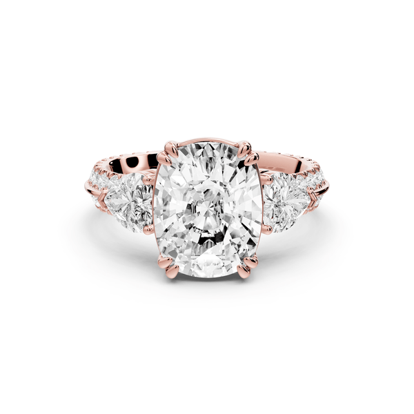 Elinor - 4ct 18k rose gold ecushion diamond Double talon prongs with two heart side stones and rollover pavé engagement ring - Mr. Alex Jewelry
