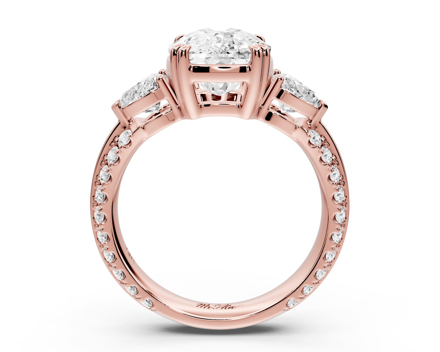 Elinor - 4ct 18k rose gold ecushion diamond Double talon prongs with two heart side stones and rollover pavé engagement ring - Mr. Alex Jewelry