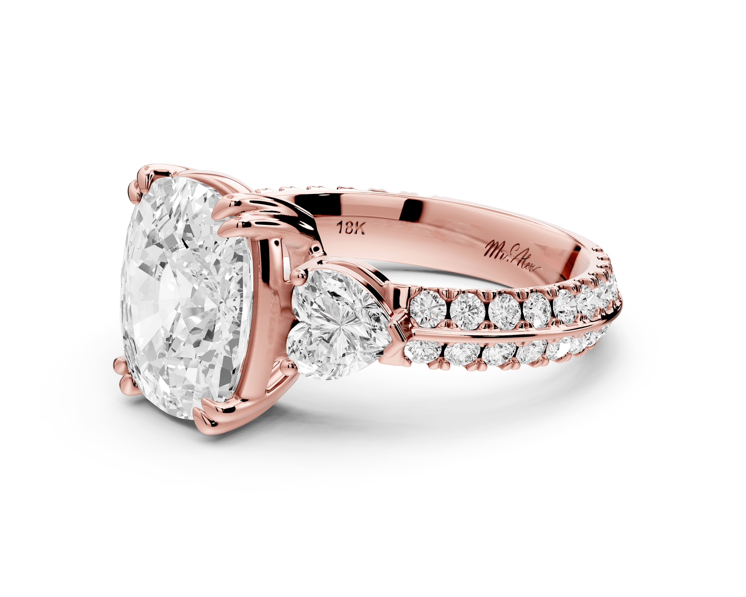 Elinor - 4ct 18k rose gold ecushion diamond Double talon prongs with two heart side stones and rollover pavé engagement ring - Mr. Alex Jewelry