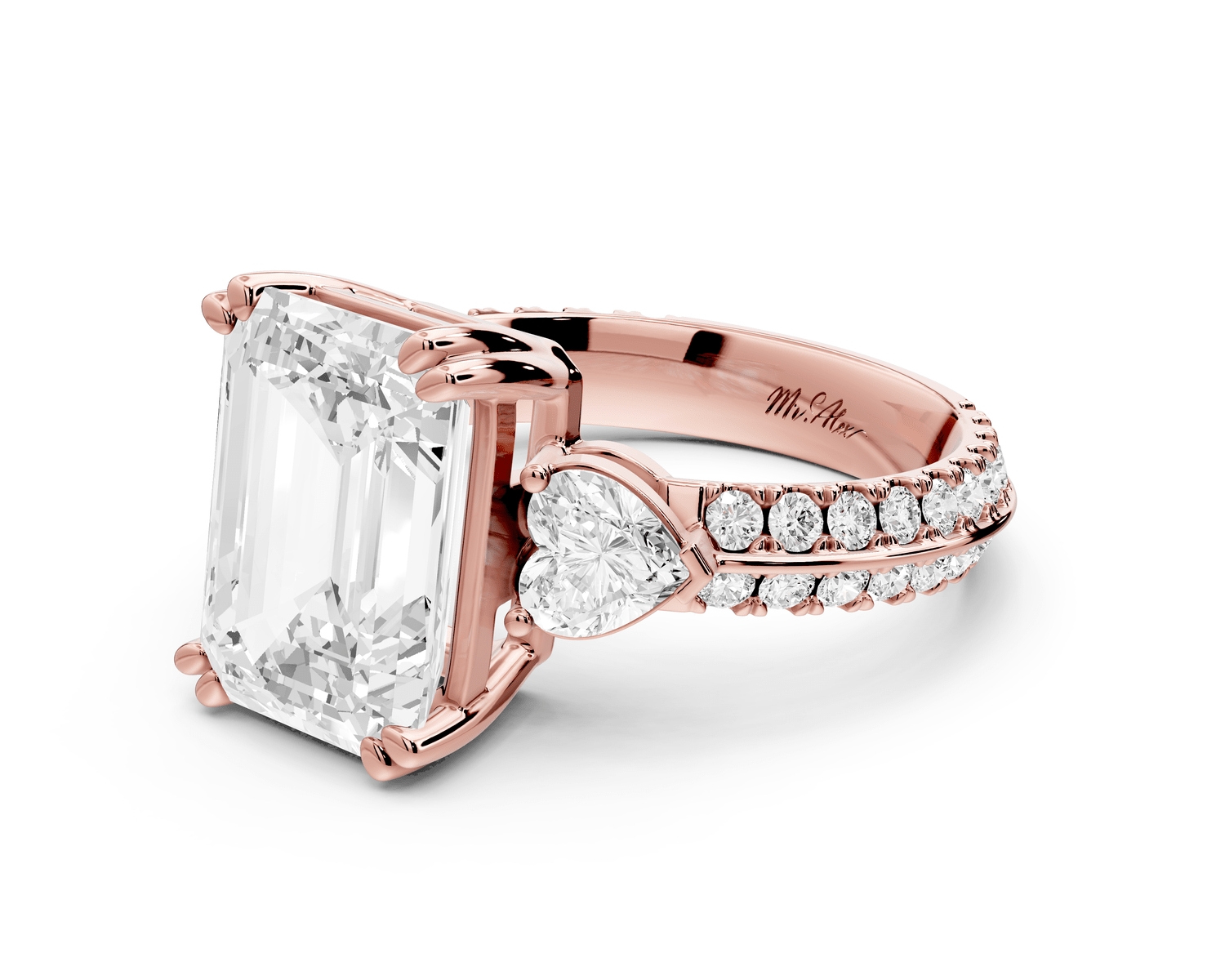 Elinor - 4ct 18k rose gold emerald diamond Double talon prongs with two heart side stones and rollover pavé engagement ring - Mr. Alex Jewelry