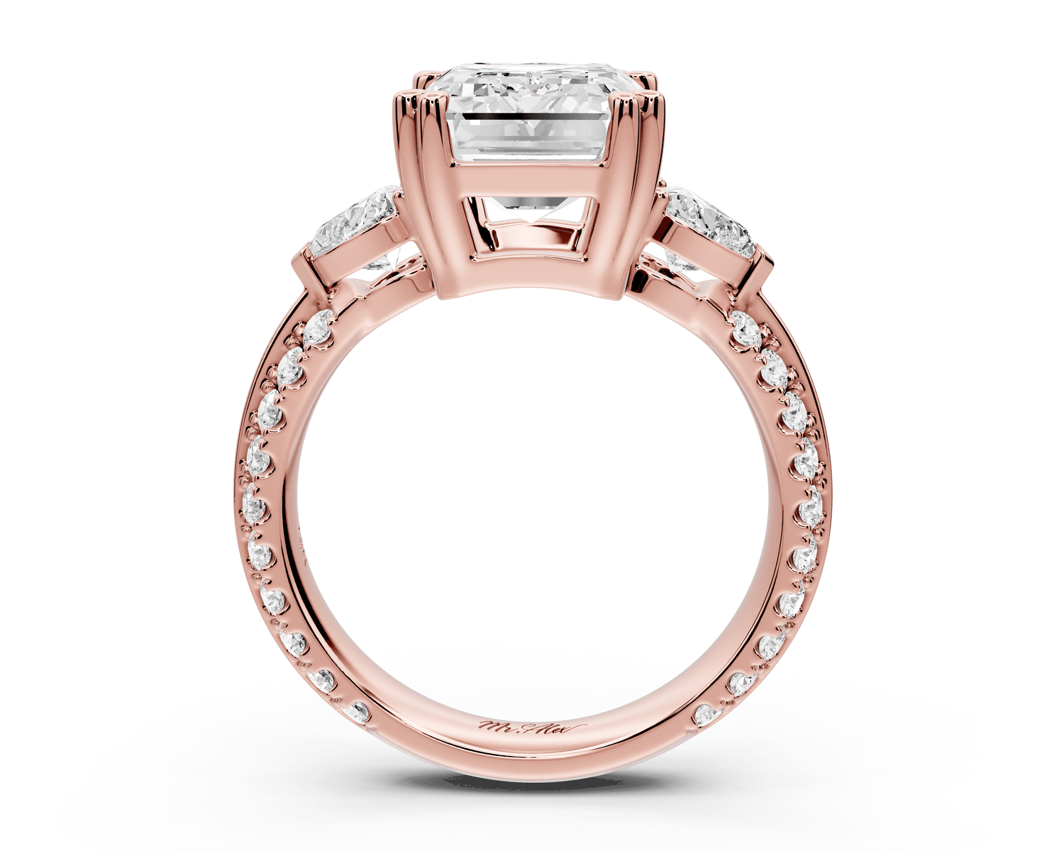 Elinor - 4ct 18k rose gold emerald diamond Double talon prongs with two heart side stones and rollover pavé engagement ring - Mr. Alex Jewelry