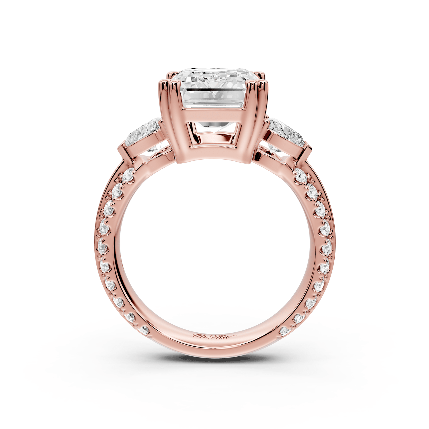 Elinor - 4ct 18k rose gold emerald diamond Double talon prongs with two heart side stones and rollover pavé engagement ring - Mr. Alex Jewelry