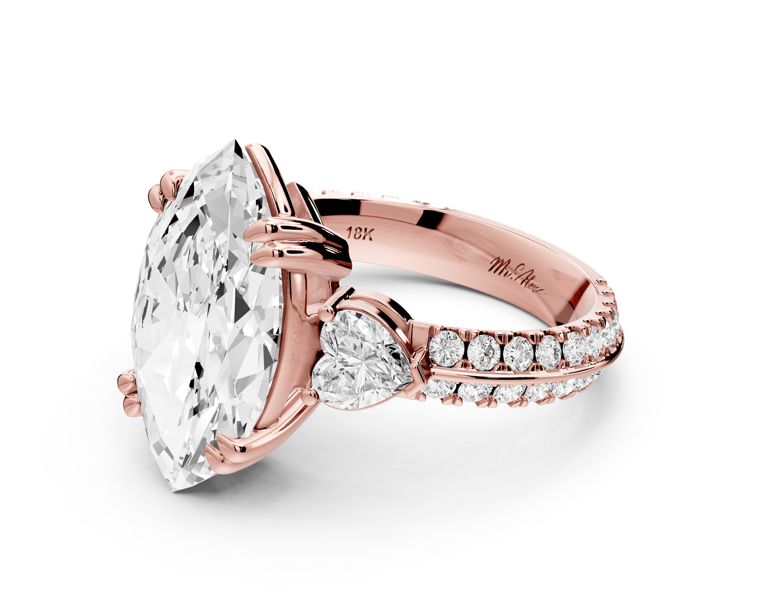 Elinor - 4ct 18k rose gold marquise diamond Double talon prongs with two heart side stones and rollover pavé engagement ring - Mr. Alex Jewelry