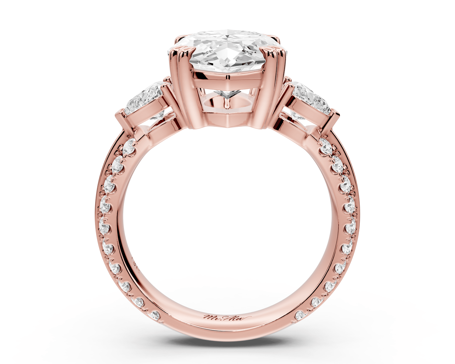 Elinor - 4ct 18k rose gold marquise diamond Double talon prongs with two heart side stones and rollover pavé engagement ring - Mr. Alex Jewelry