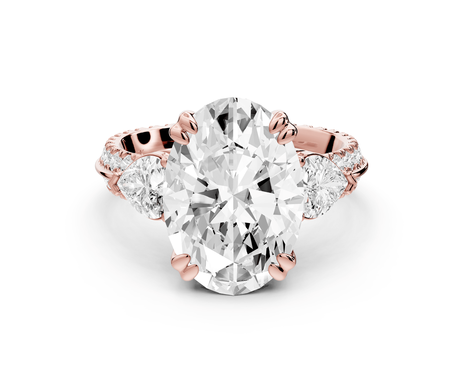Elinor - 4ct 18k rose gold oval diamond Double talon prongs with two heart side stones and rollover pavé engagement ring - Mr. Alex Jewelry