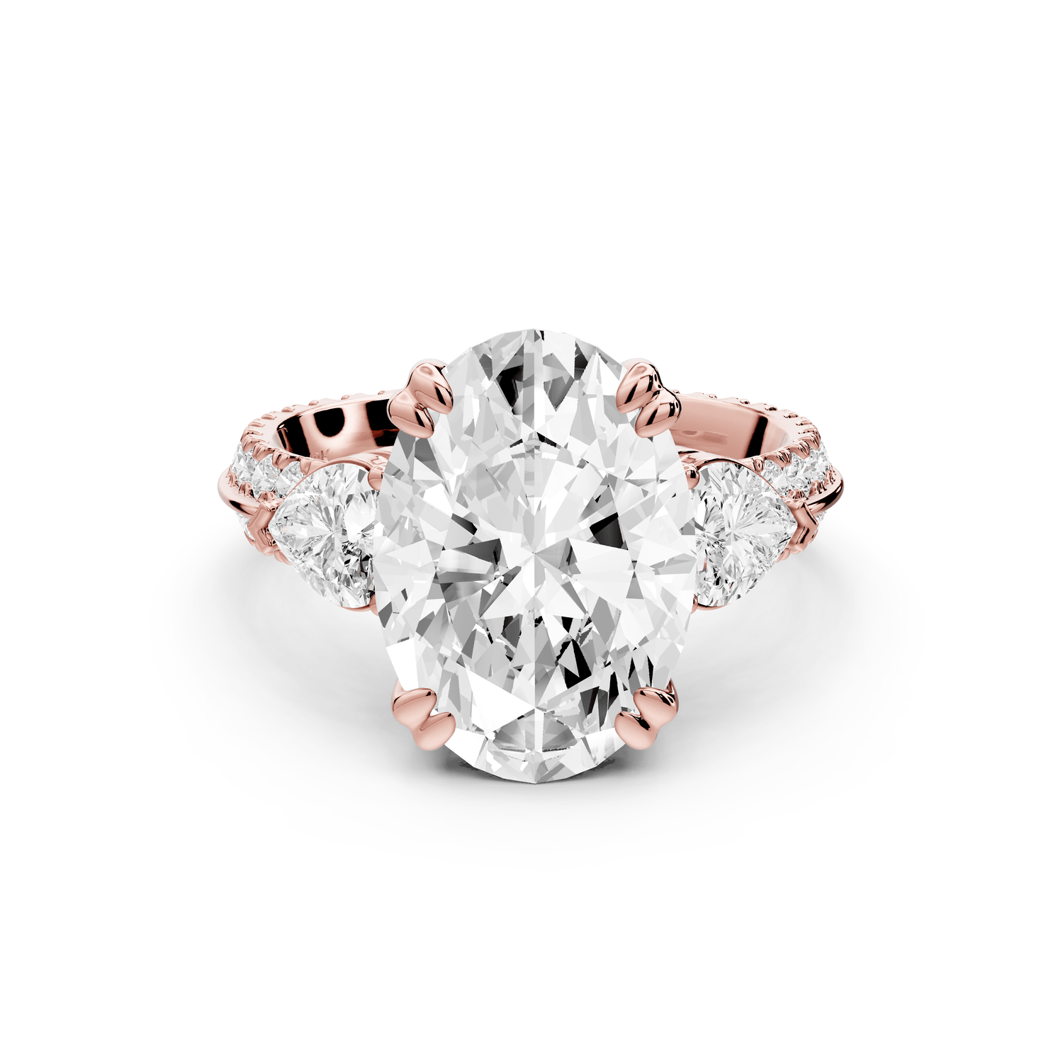 Elinor - 4ct 18k rose gold oval diamond Double talon prongs with two heart side stones and rollover pavé engagement ring - Mr. Alex Jewelry