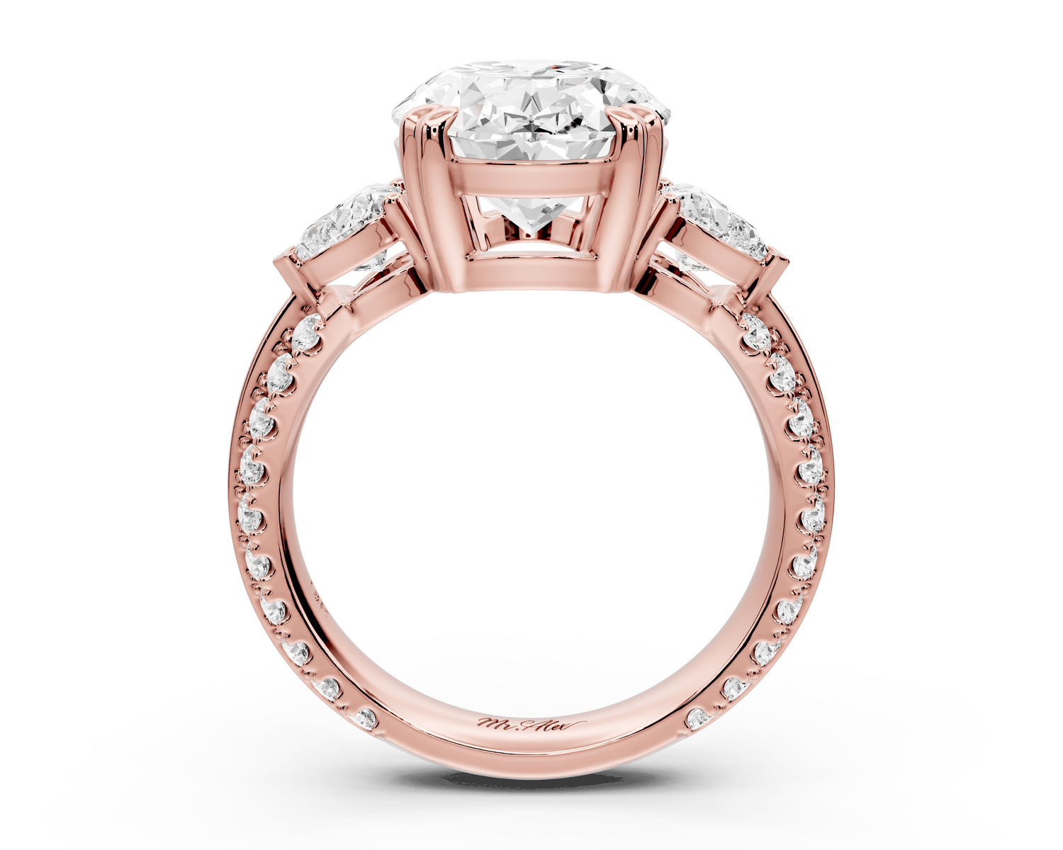 Elinor - 4ct 18k rose gold oval diamond Double talon prongs with two heart side stones and rollover pavé engagement ring - Mr. Alex Jewelry