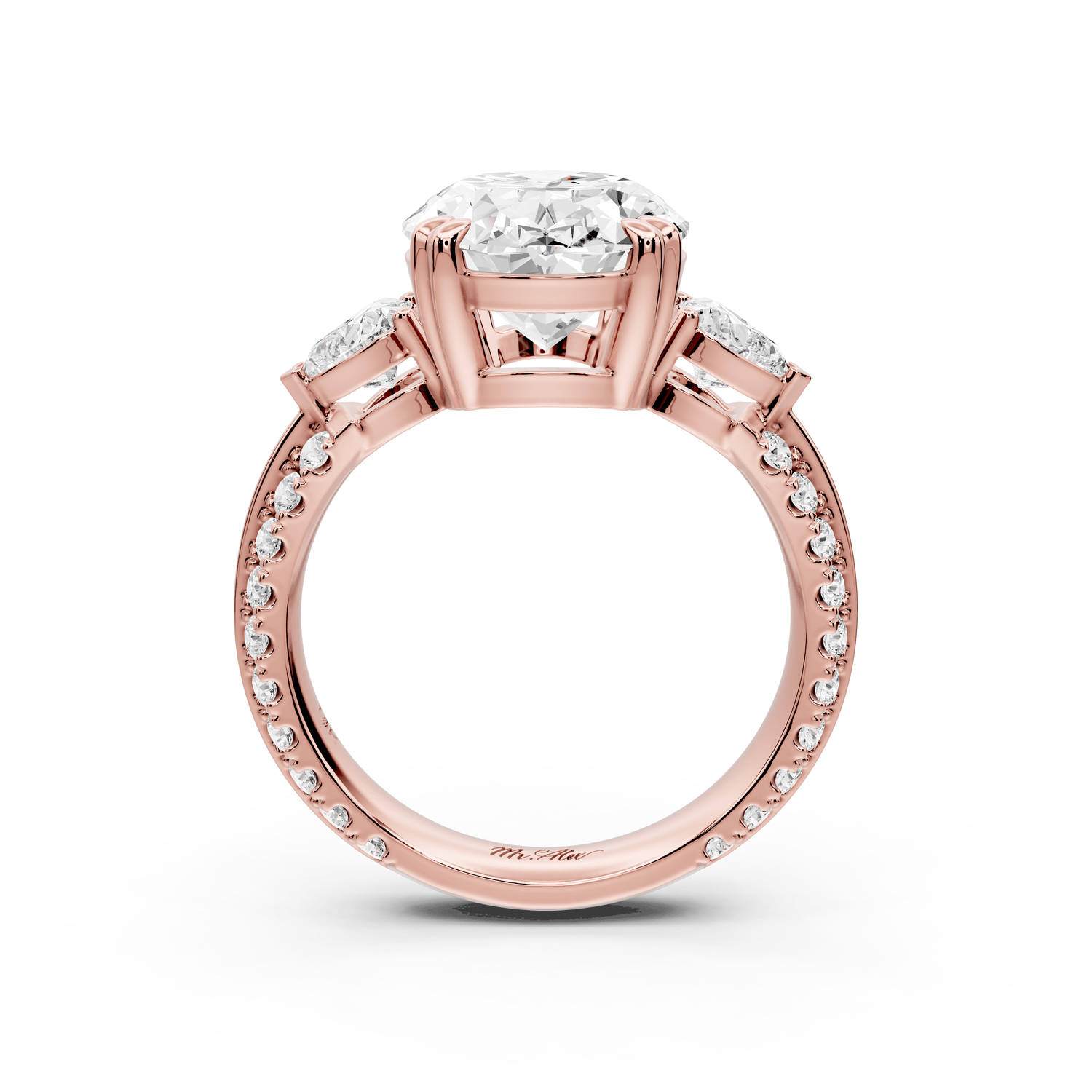 Elinor - 4ct 18k rose gold oval diamond Double talon prongs with two heart side stones and rollover pavé engagement ring - Mr. Alex Jewelry
