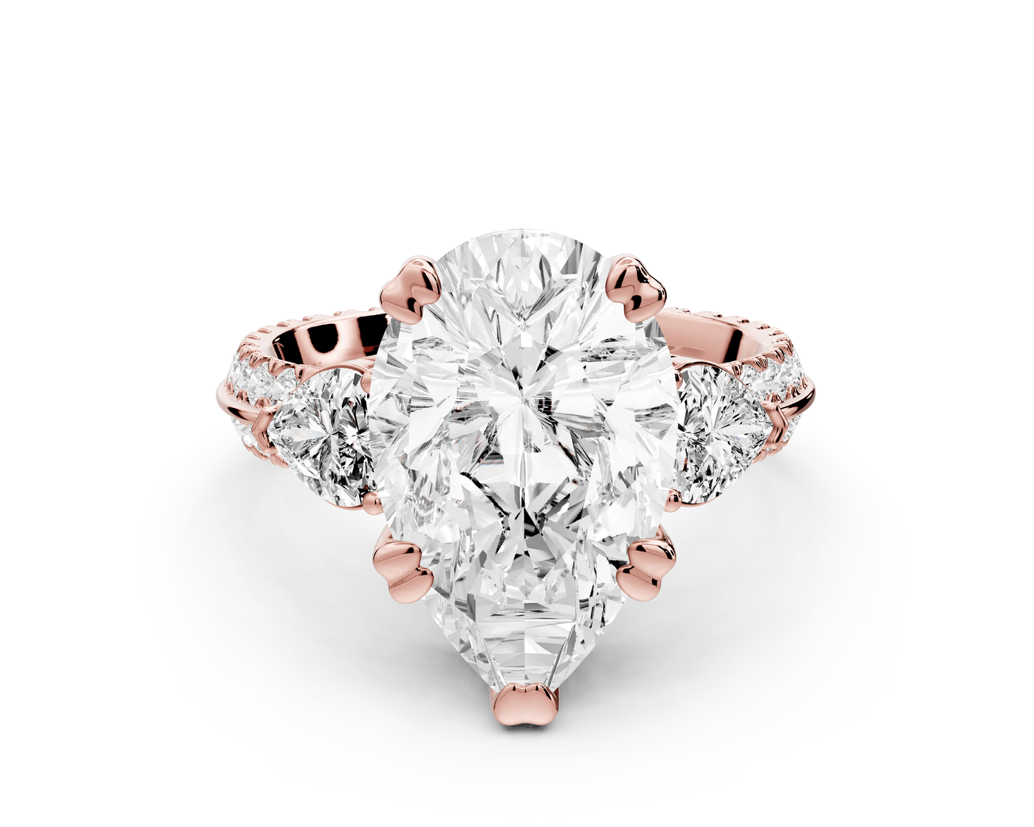 Elinor - 4ct 18k rose gold pear diamond Double talon prongs with two heart side stones and rollover pavé engagement ring - Mr. Alex Jewelry