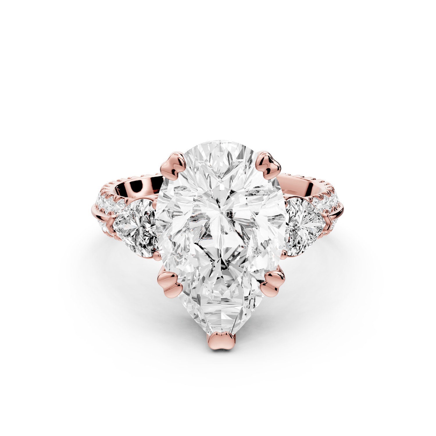 Elinor - 4ct 18k rose gold pear diamond Double talon prongs with two heart side stones and rollover pavé engagement ring - Mr. Alex Jewelry