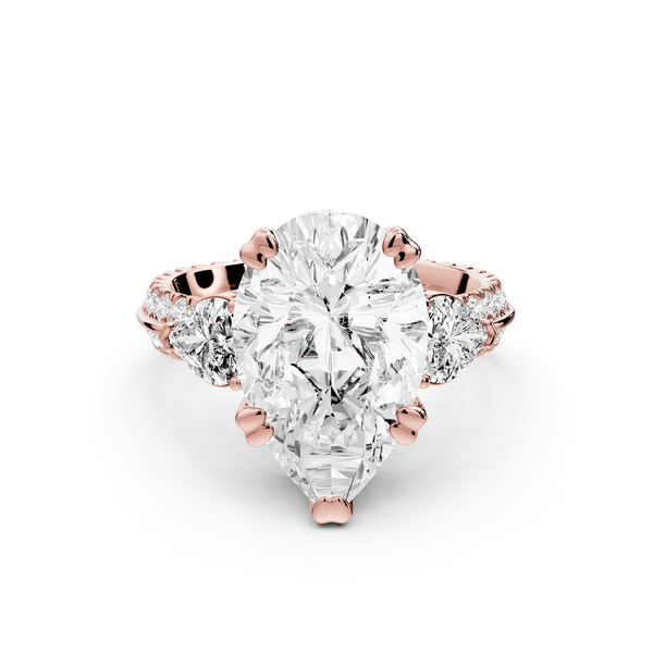 Elinor - 4ct 18k rose gold pear diamond Double talon prongs with two heart side stones and rollover pavé engagement ring - Mr. Alex Jewelry
