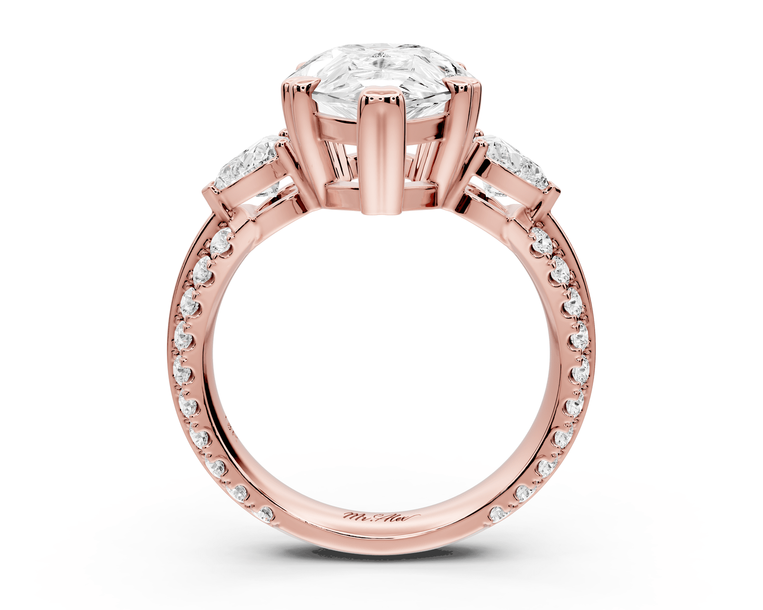 Elinor - 4ct 18k rose gold pear diamond Double talon prongs with two heart side stones and rollover pavé engagement ring - Mr. Alex Jewelry