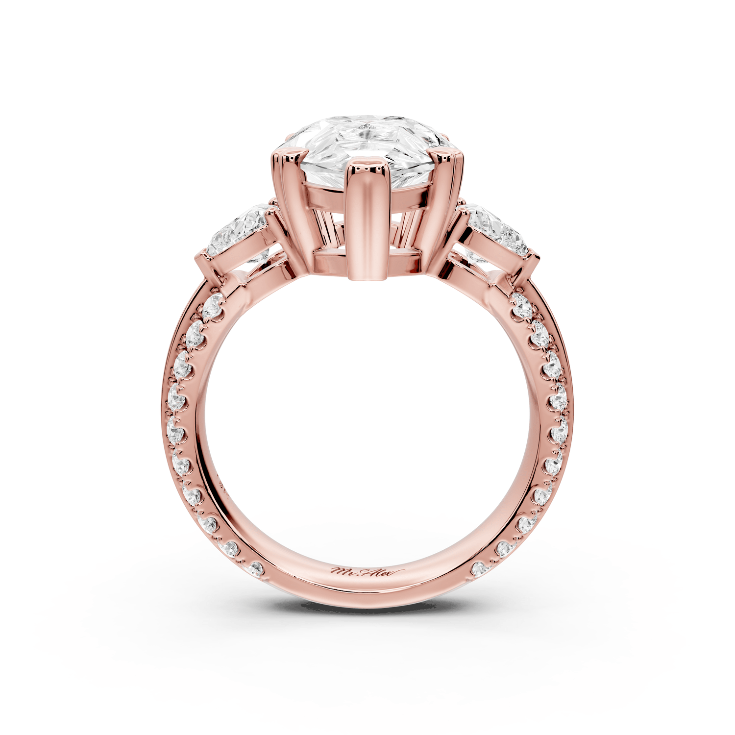 Elinor - 4ct 18k rose gold pear diamond Double talon prongs with two heart side stones and rollover pavé engagement ring - Mr. Alex Jewelry