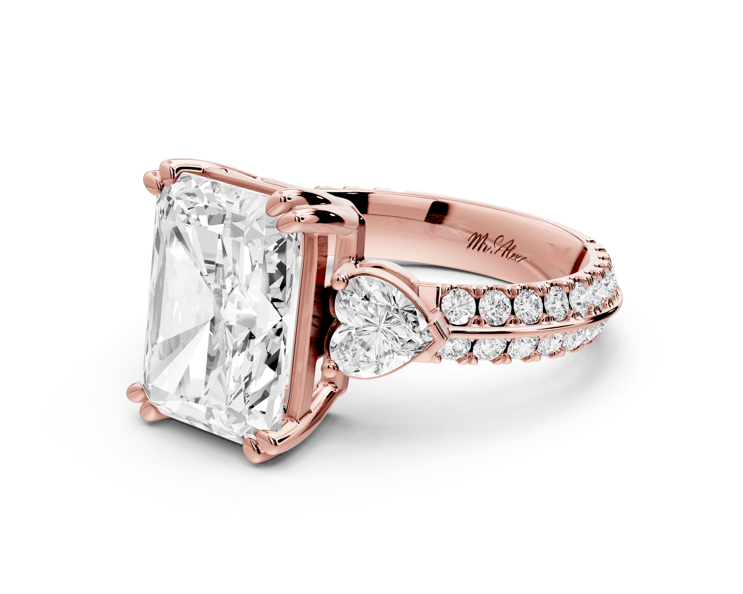 Elinor - 4ct 18k rose gold radiant diamond Double talon prongs with two heart side stones and rollover pavé engagement ring - Mr. Alex Jewelry