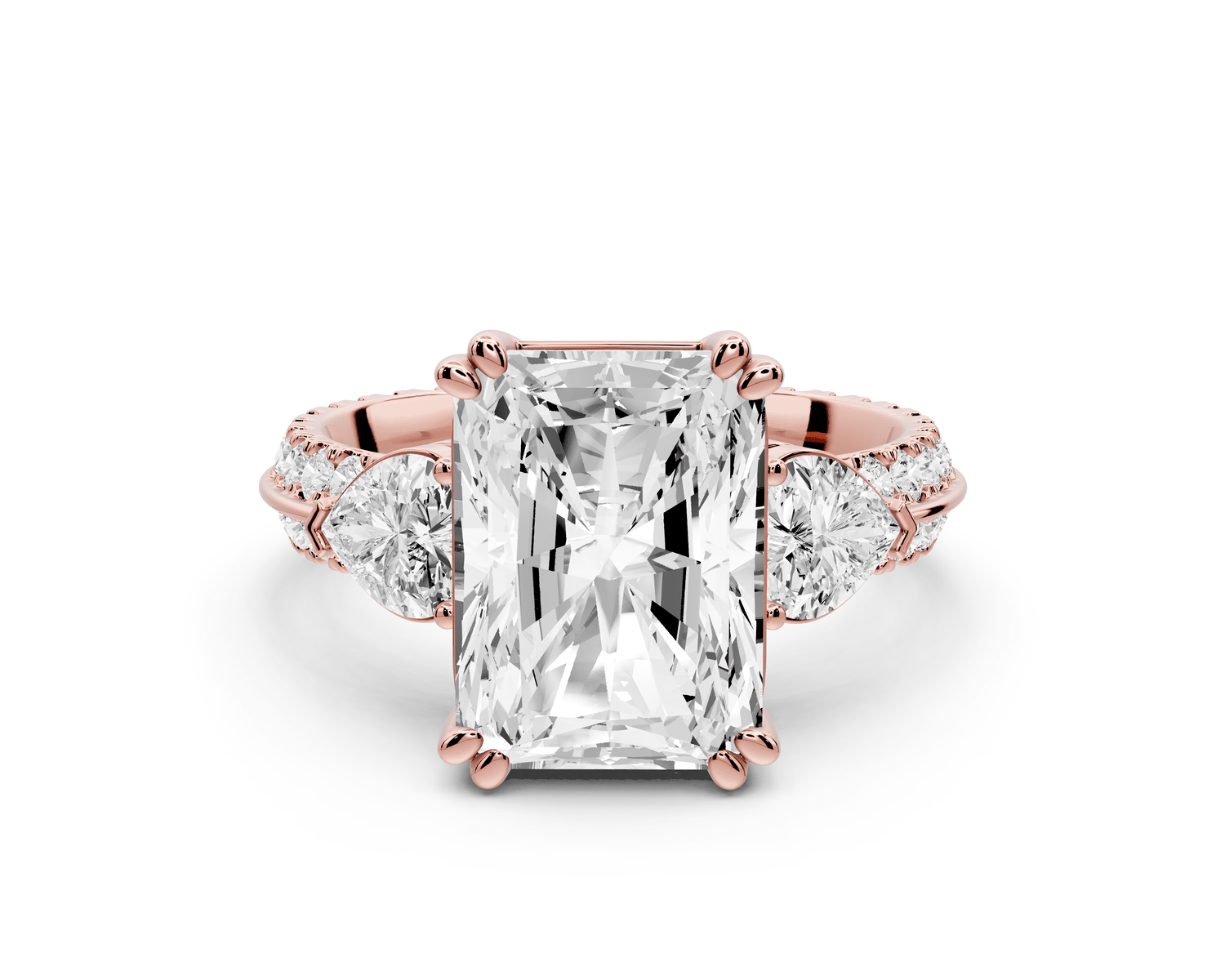 Elinor - 4ct 18k rose gold radiant diamond Double talon prongs with two heart side stones and rollover pavé engagement ring - Mr. Alex Jewelry
