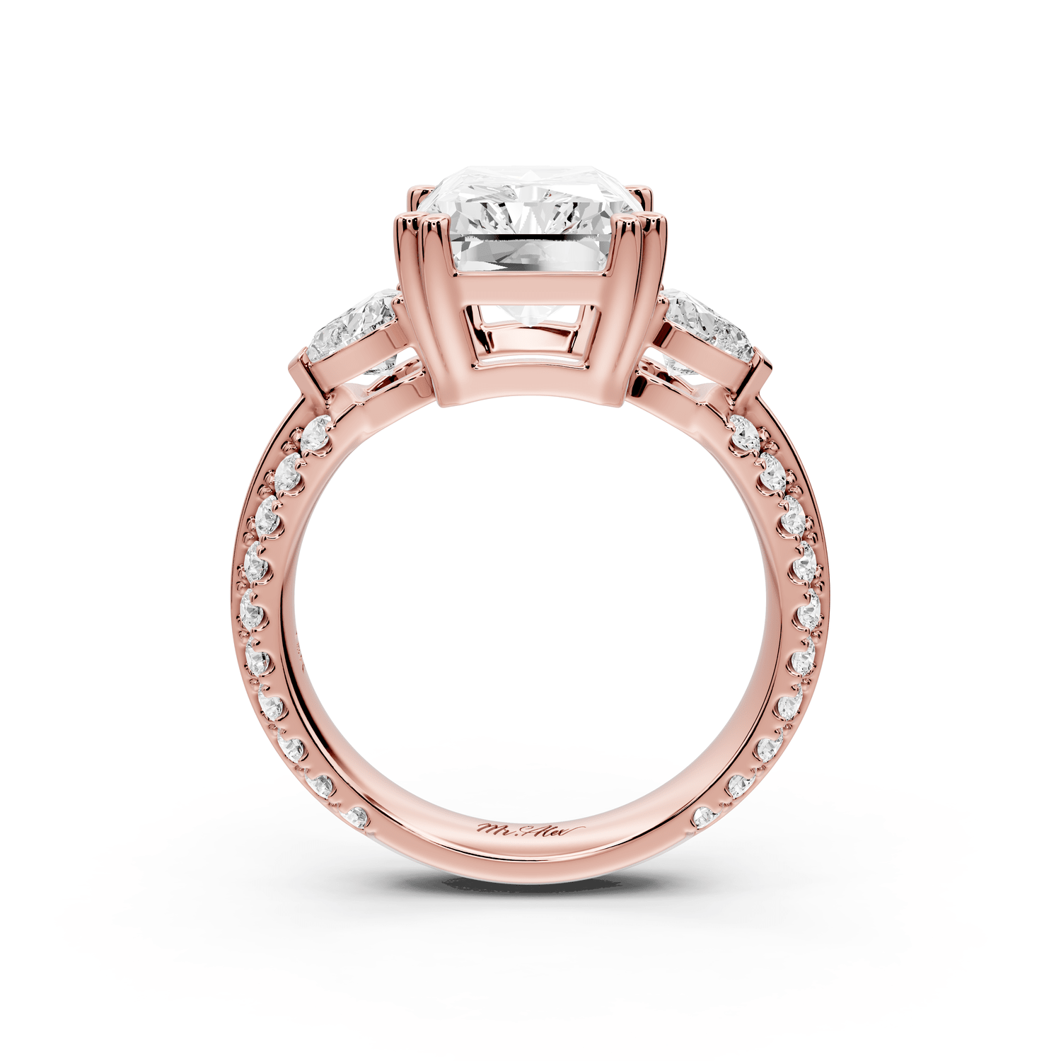Elinor - 4ct 18k rose gold radiant diamond Double talon prongs with two heart side stones and rollover pavé engagement ring - Mr. Alex Jewelry