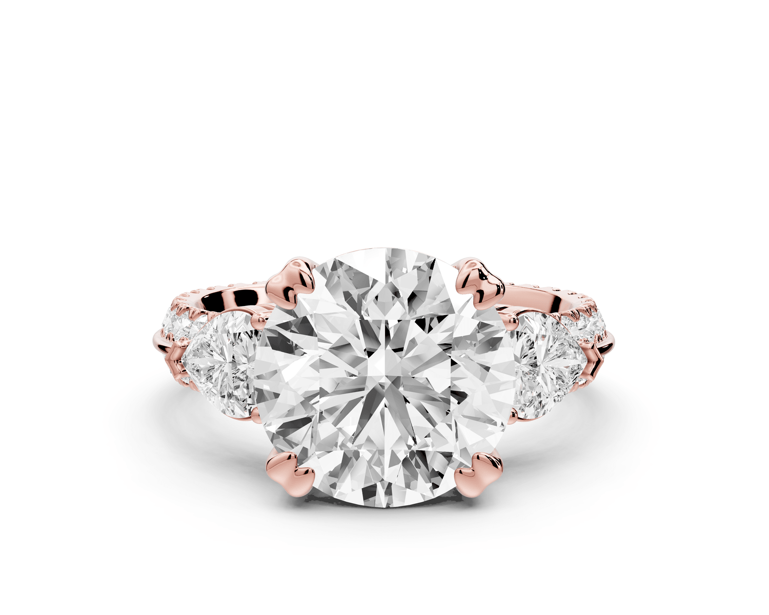 Elinor - 4ct 18k rose gold round diamond Double talon prongs with two heart side stones and rollover pavé engagement ring - Mr. Alex Jewelry