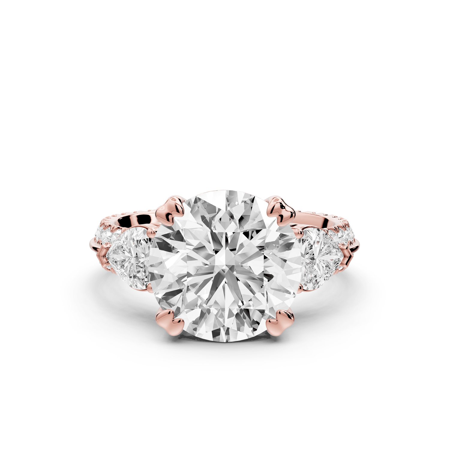 Elinor - 4ct 18k rose gold round diamond Double talon prongs with two heart side stones and rollover pavé engagement ring - Mr. Alex Jewelry