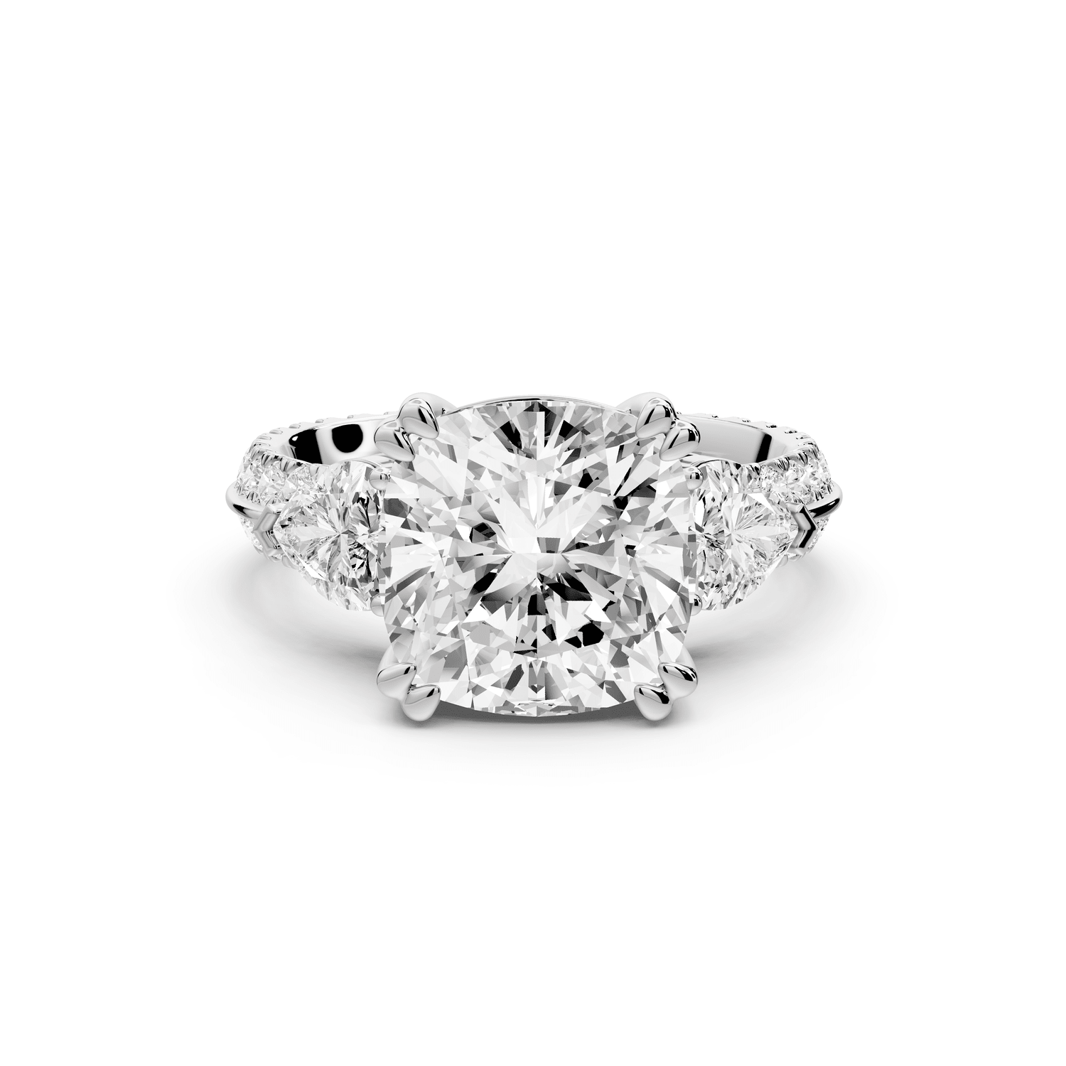Elinor - 4ct 18k white gold cushion diamond Double talon prongs with two heart side stones and rollover pavé engagement ring - Mr. Alex Jewelry