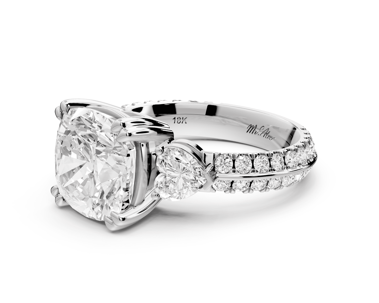 Elinor - 4ct 18k white gold cushion diamond Double talon prongs with two heart side stones and rollover pavé engagement ring - Mr. Alex Jewelry