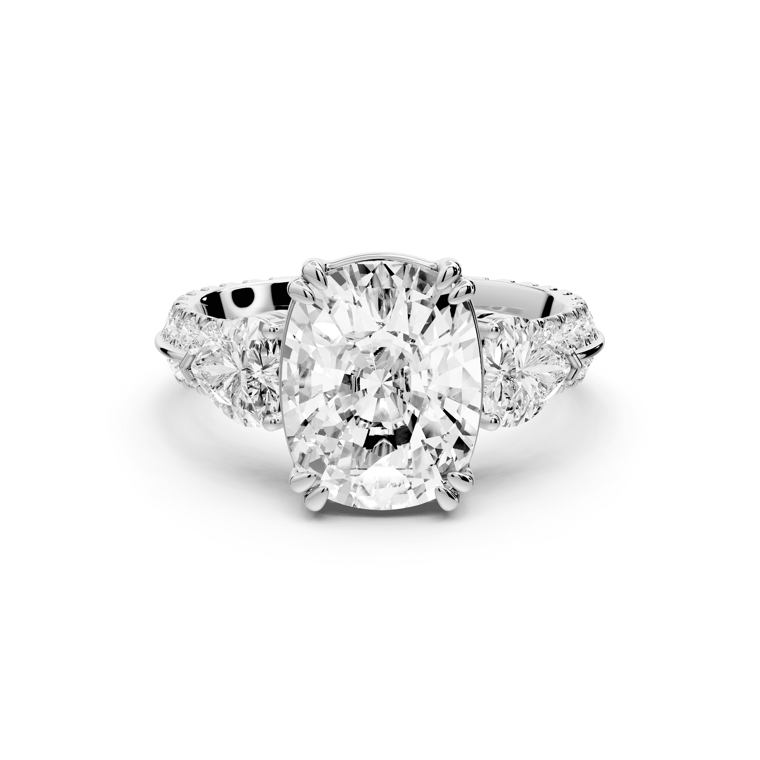 Elinor - 4ct 18k white gold ecushion diamond Double talon prongs with two heart side stones and rollover pavé engagement ring - Mr. Alex Jewelry