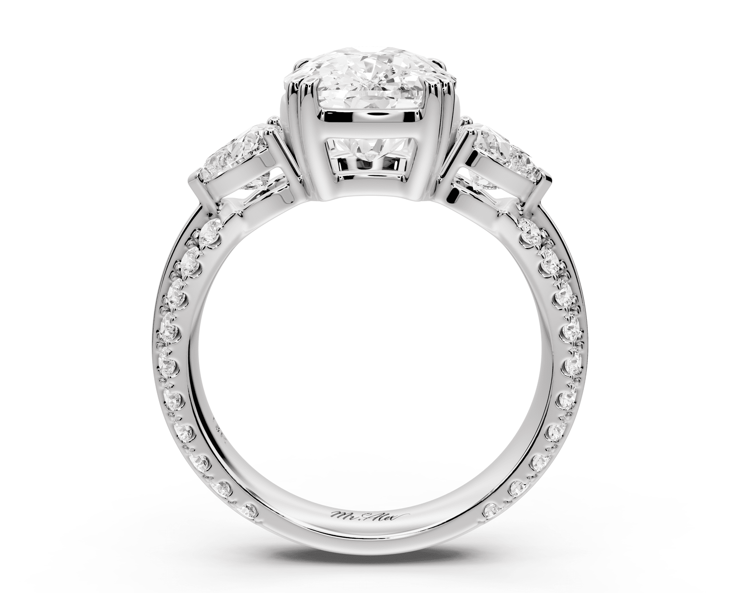 Elinor - 4ct 18k white gold ecushion diamond Double talon prongs with two heart side stones and rollover pavé engagement ring - Mr. Alex Jewelry