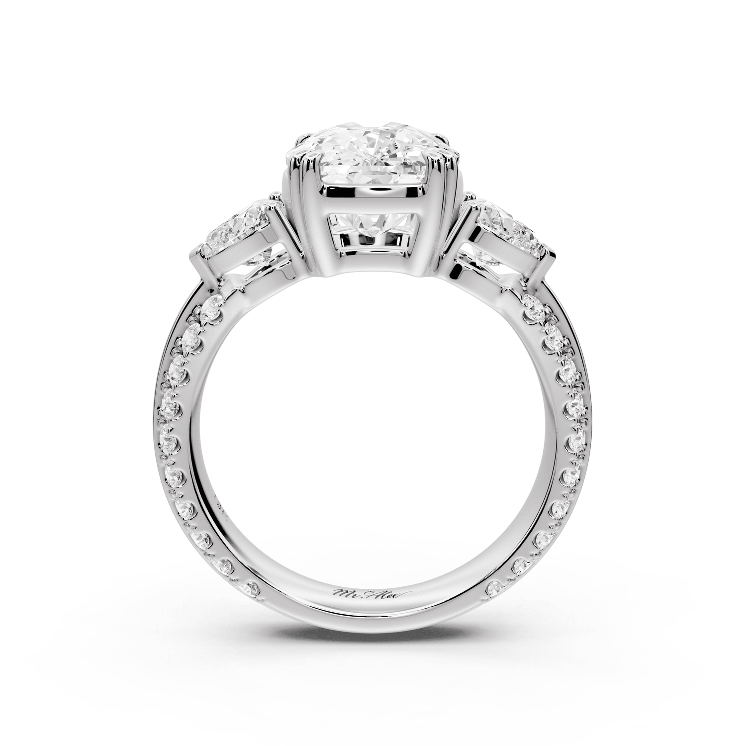 Elinor - 4ct 18k white gold ecushion diamond Double talon prongs with two heart side stones and rollover pavé engagement ring - Mr. Alex Jewelry