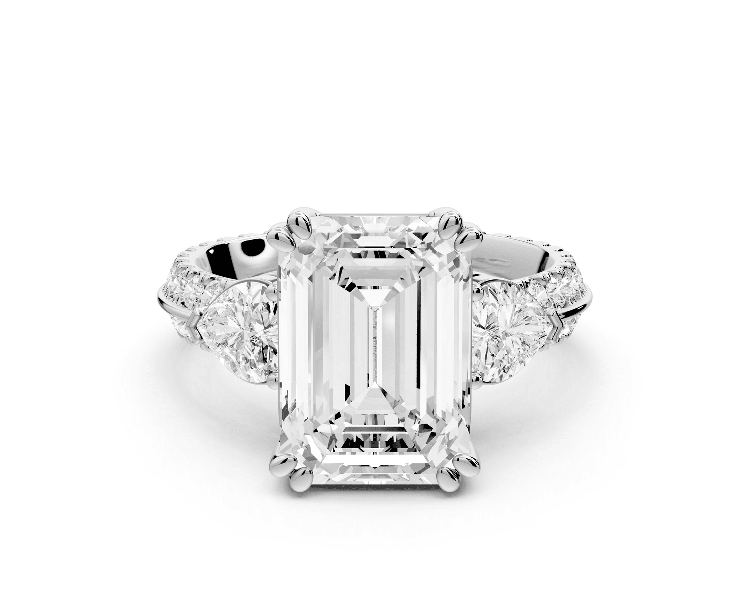Elinor - 4ct 18k white gold emerald diamond Double talon prongs with two heart side stones and rollover pavé engagement ring - Mr. Alex Jewelry