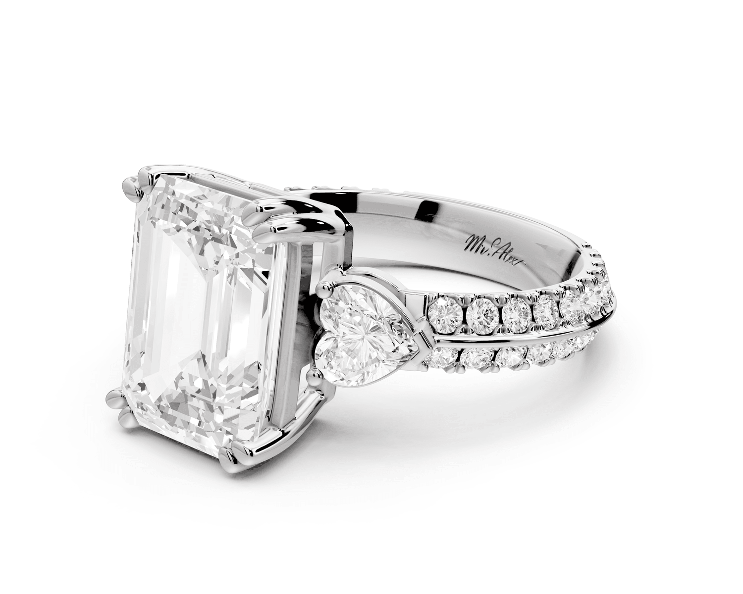 Elinor - 4ct 18k white gold emerald diamond Double talon prongs with two heart side stones and rollover pavé engagement ring - Mr. Alex Jewelry