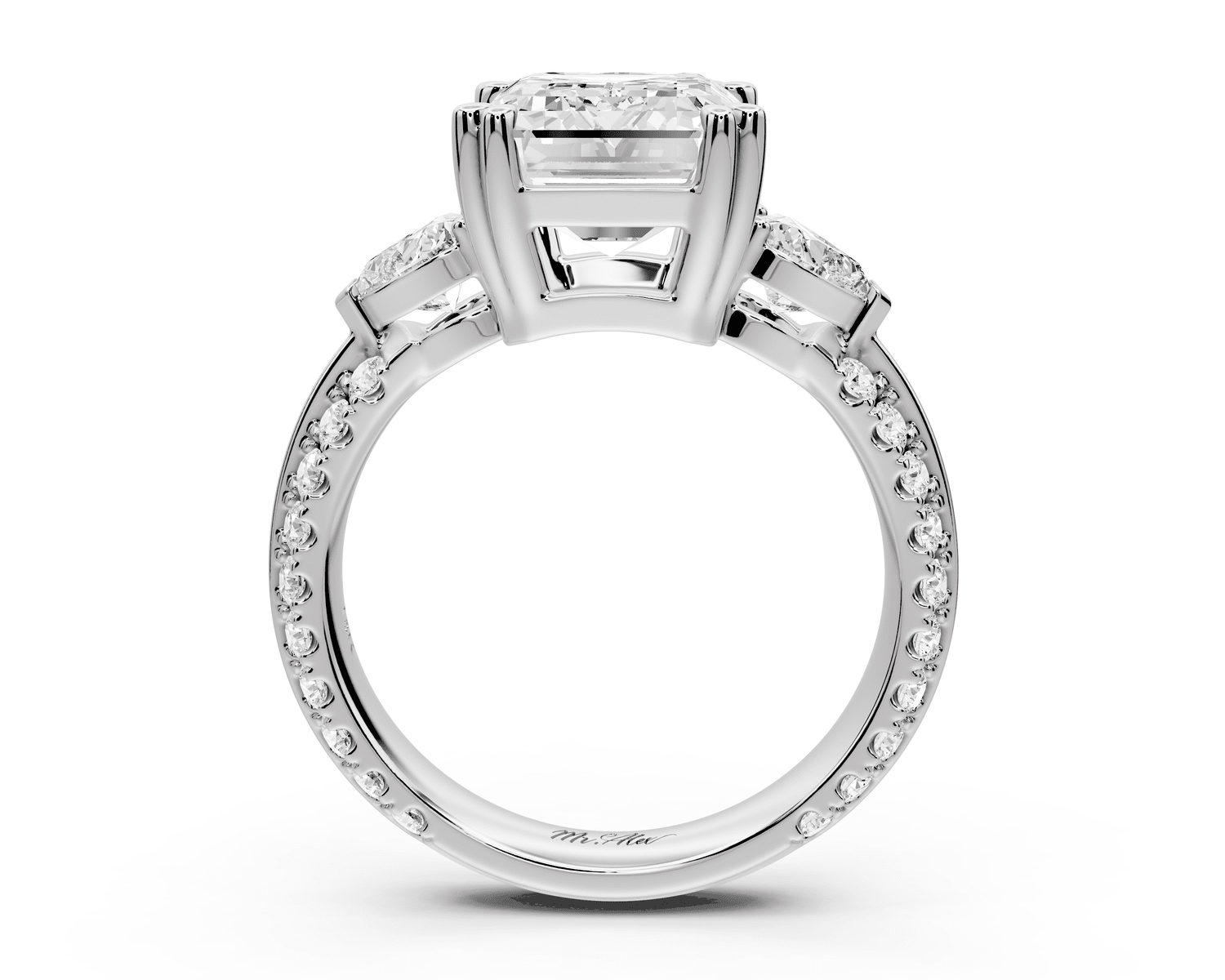 Elinor - 4ct 18k white gold emerald diamond Double talon prongs with two heart side stones and rollover pavé engagement ring - Mr. Alex Jewelry