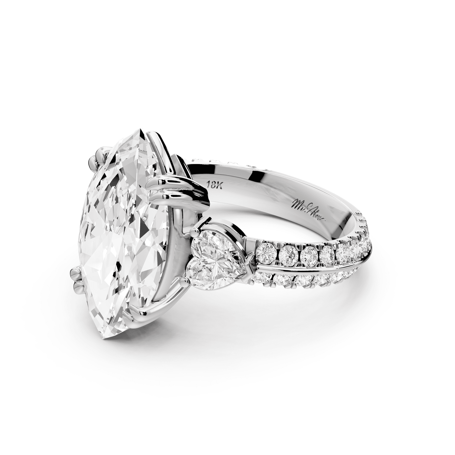 Elinor - 4ct 18k white gold marquise diamond Double talon prongs with two heart side stones and rollover pavé engagement ring - Mr. Alex Jewelry