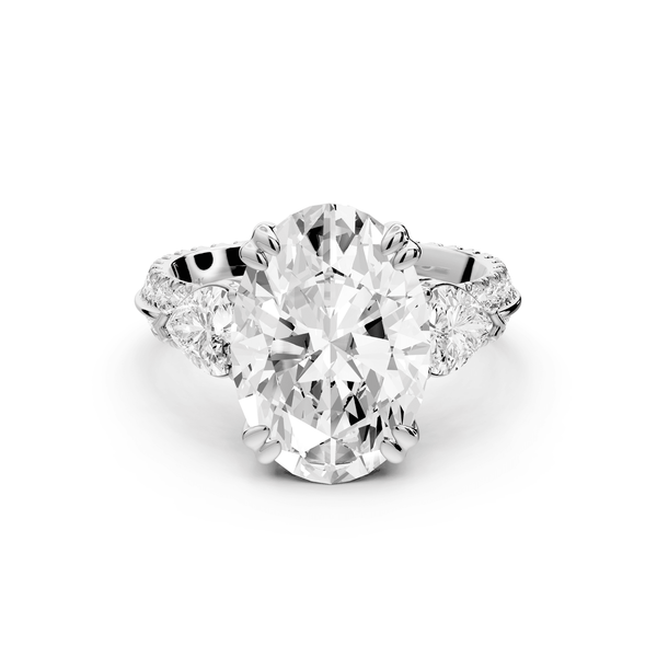 Elinor - 4ct 18k white gold oval diamond Double talon prongs with two heart side stones and rollover pavé engagement ring - Mr. Alex Jewelry