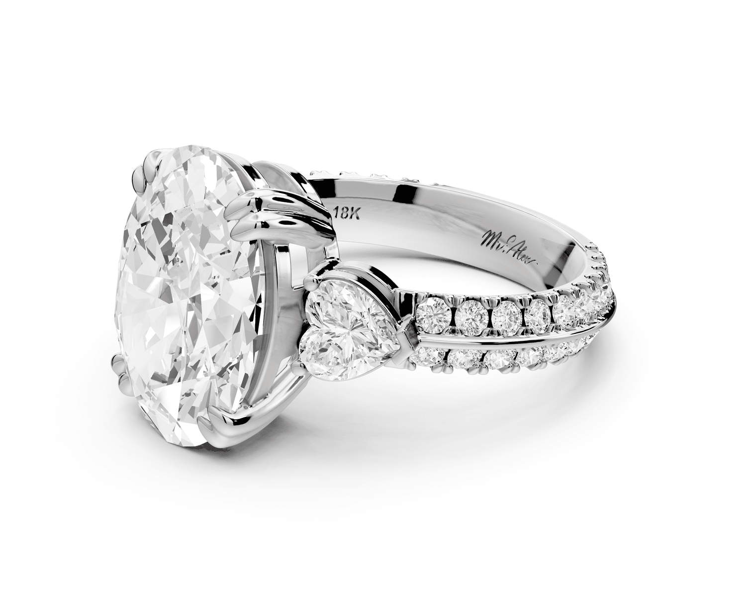 Elinor - 4ct 18k white gold oval diamond Double talon prongs with two heart side stones and rollover pavé engagement ring - Mr. Alex Jewelry