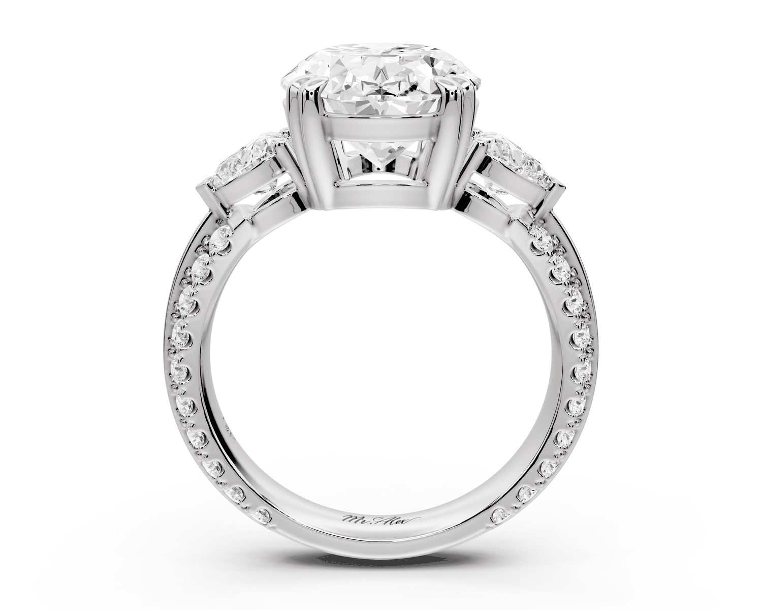 Elinor - 4ct 18k white gold oval diamond Double talon prongs with two heart side stones and rollover pavé engagement ring - Mr. Alex Jewelry