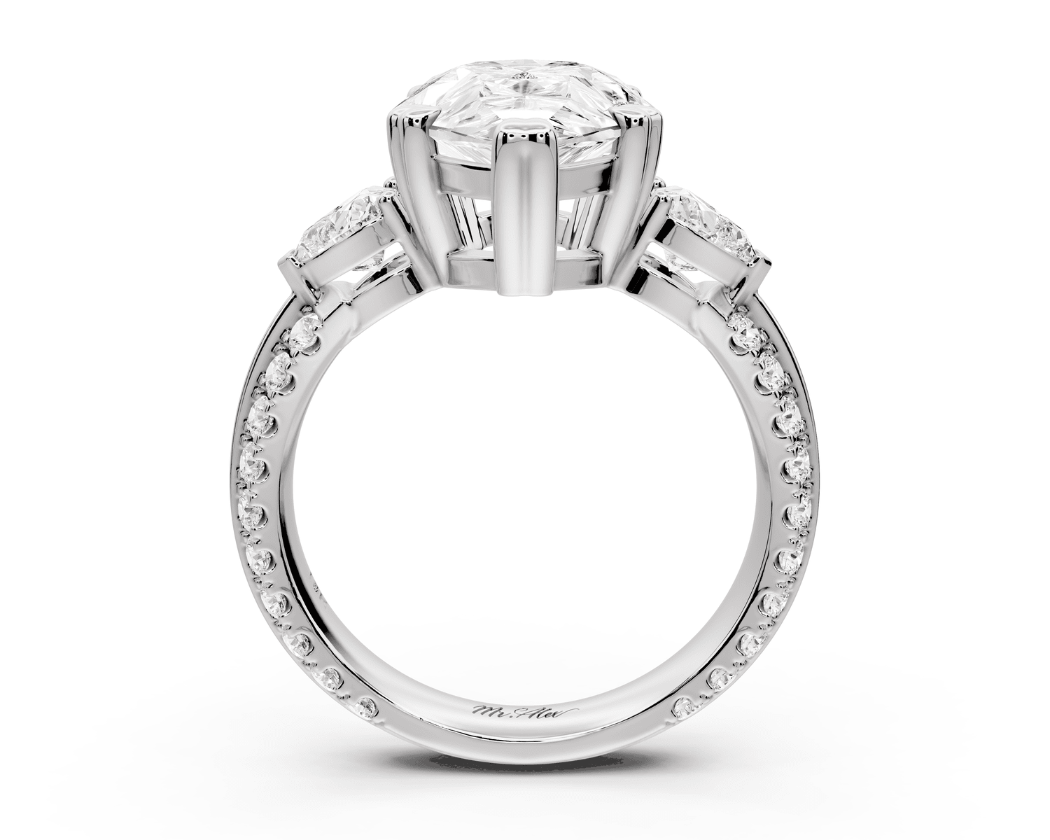 Elinor - 4ct 18k white gold pear diamond Double talon prongs with two heart side stones and rollover pavé engagement ring - Mr. Alex Jewelry
