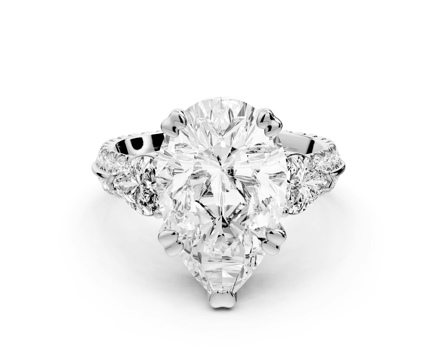 Elinor - 4ct 18k white gold pear diamond Double talon prongs with two heart side stones and rollover pavé engagement ring - Mr. Alex Jewelry