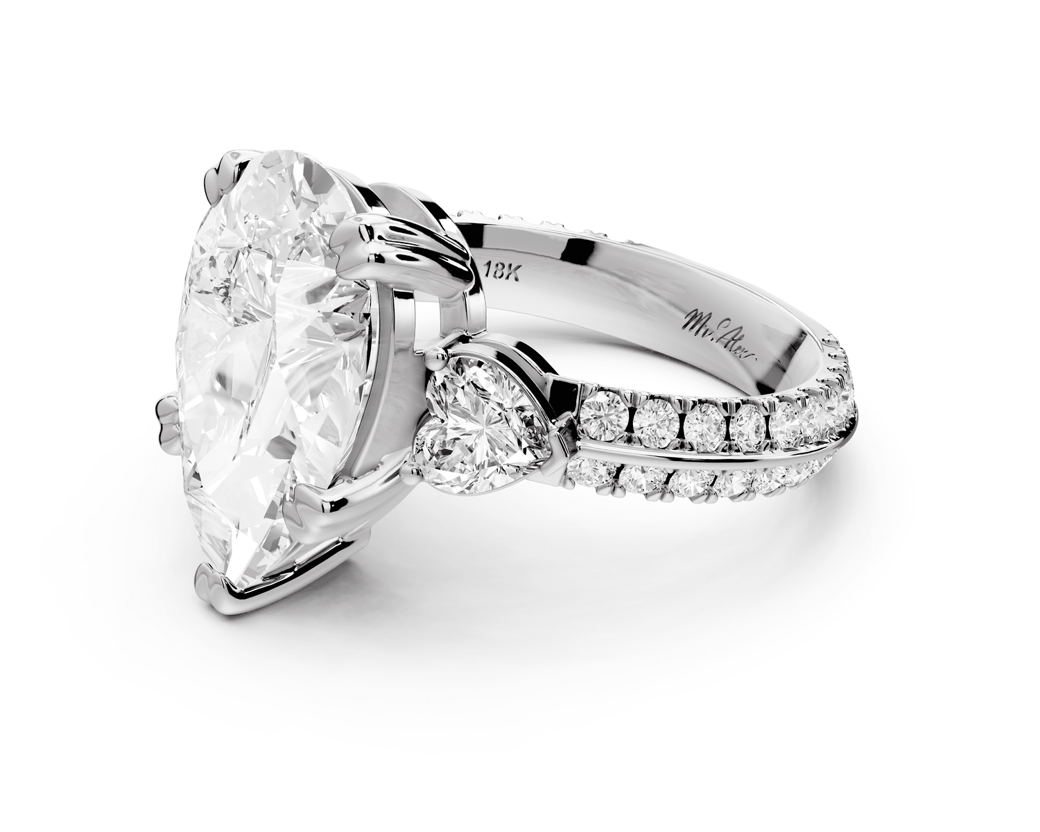 Elinor - 4ct 18k white gold pear diamond Double talon prongs with two heart side stones and rollover pavé engagement ring - Mr. Alex Jewelry