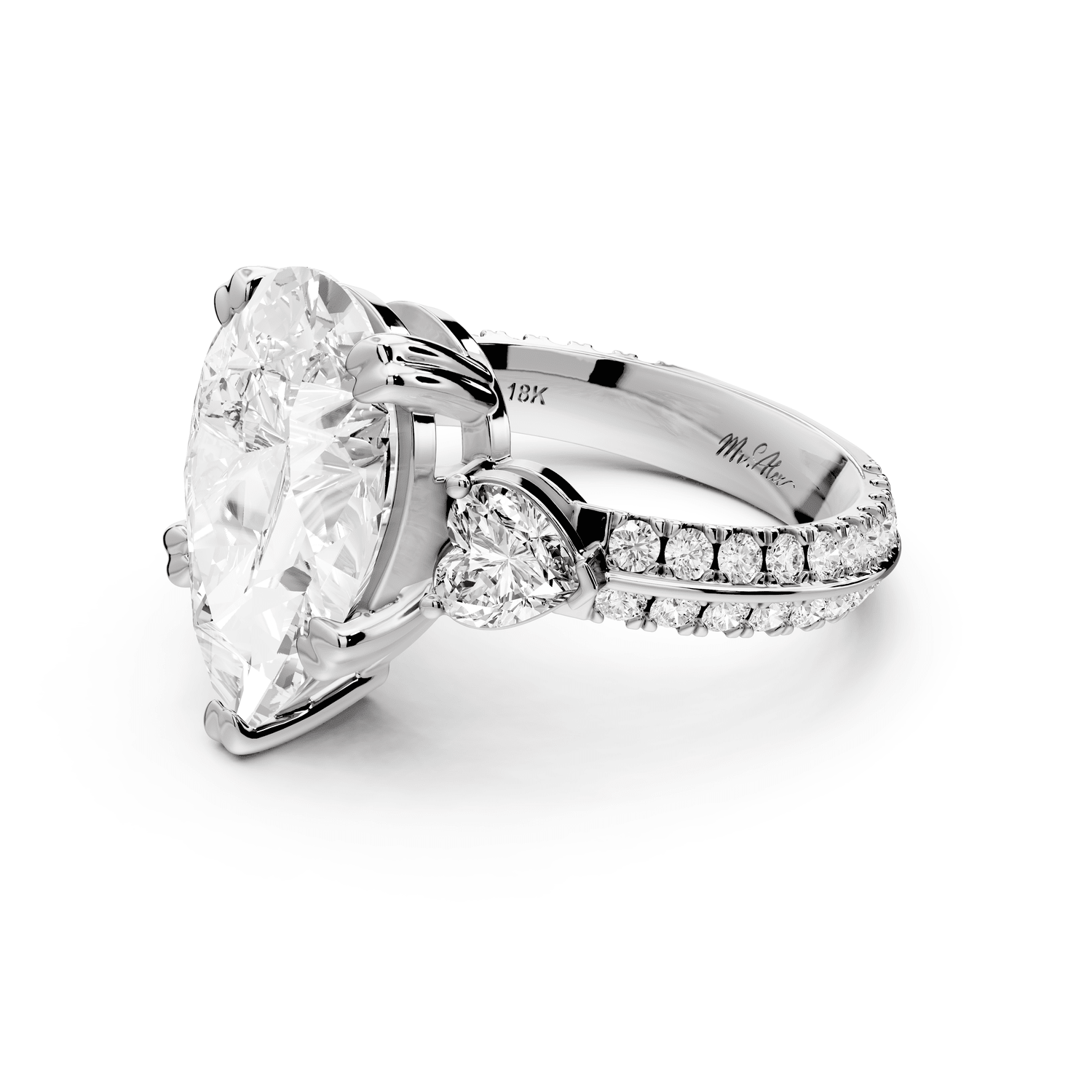 Elinor - 4ct 18k white gold pear diamond Double talon prongs with two heart side stones and rollover pavé engagement ring - Mr. Alex Jewelry