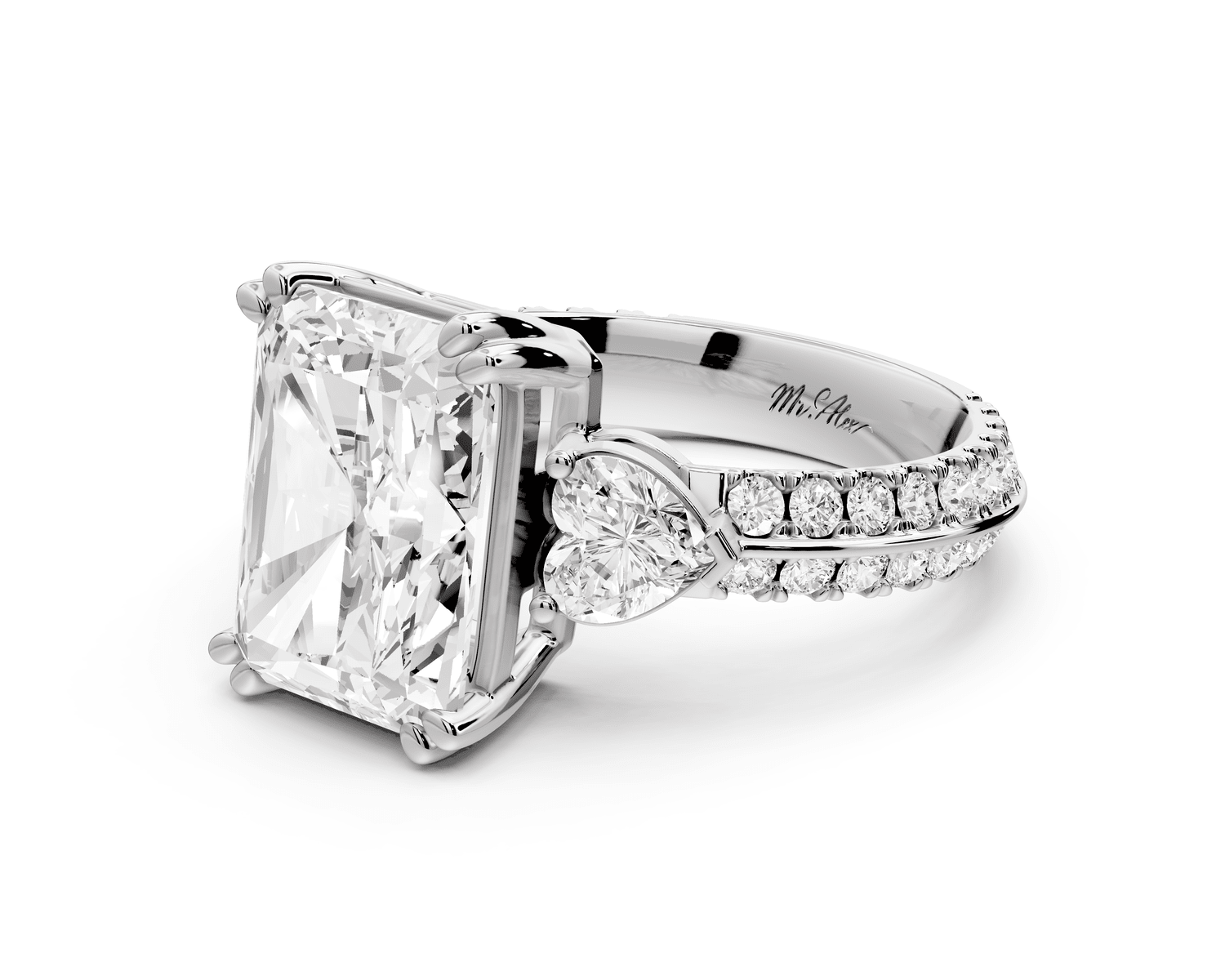 Elinor - 4ct 18k white gold radiant diamond Double talon prongs with two heart side stones and rollover pavé engagement ring - Mr. Alex Jewelry