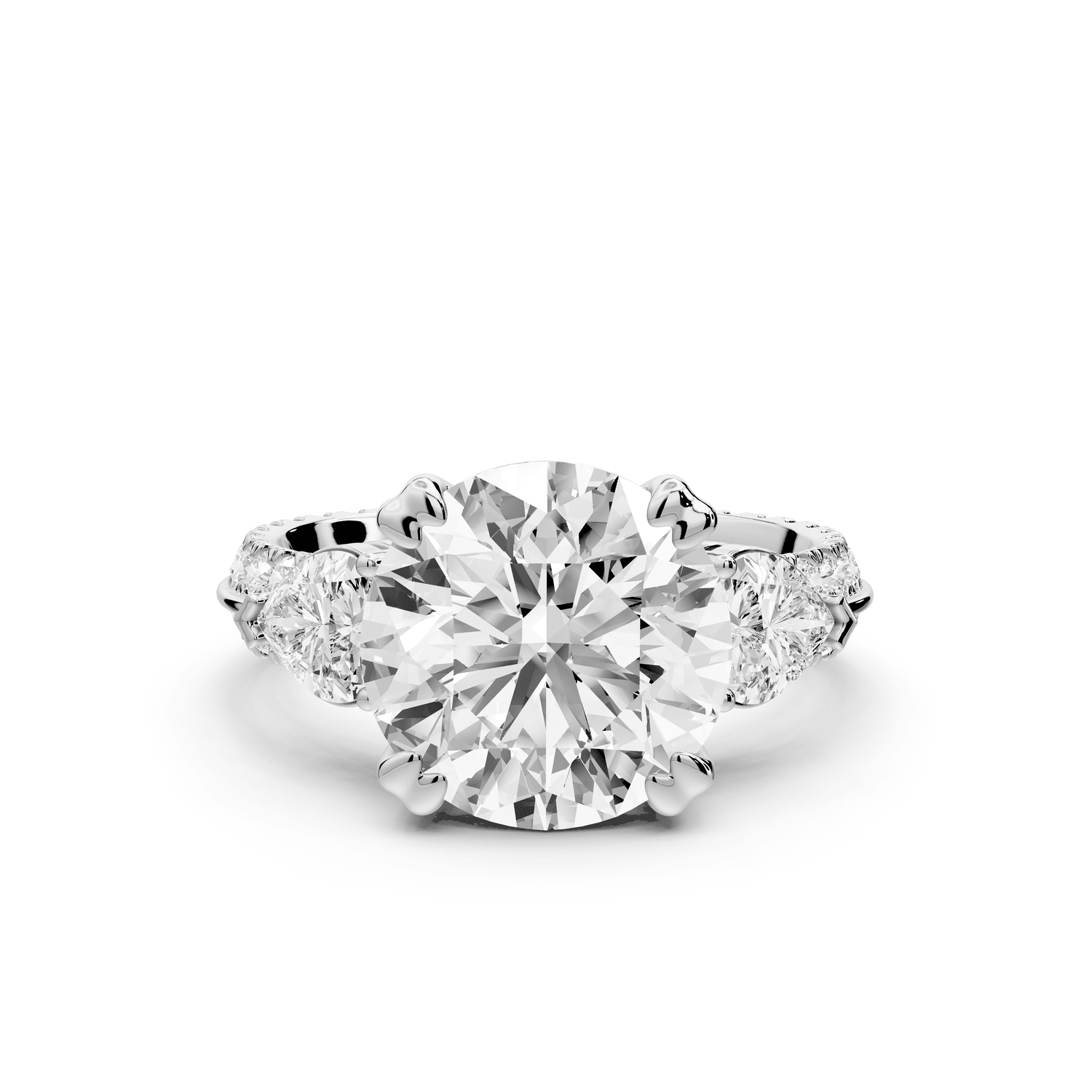 Elinor - 4ct 18k white gold round diamond Double talon prongs with two heart side stones and rollover pavé engagement ring - Mr. Alex Jewelry