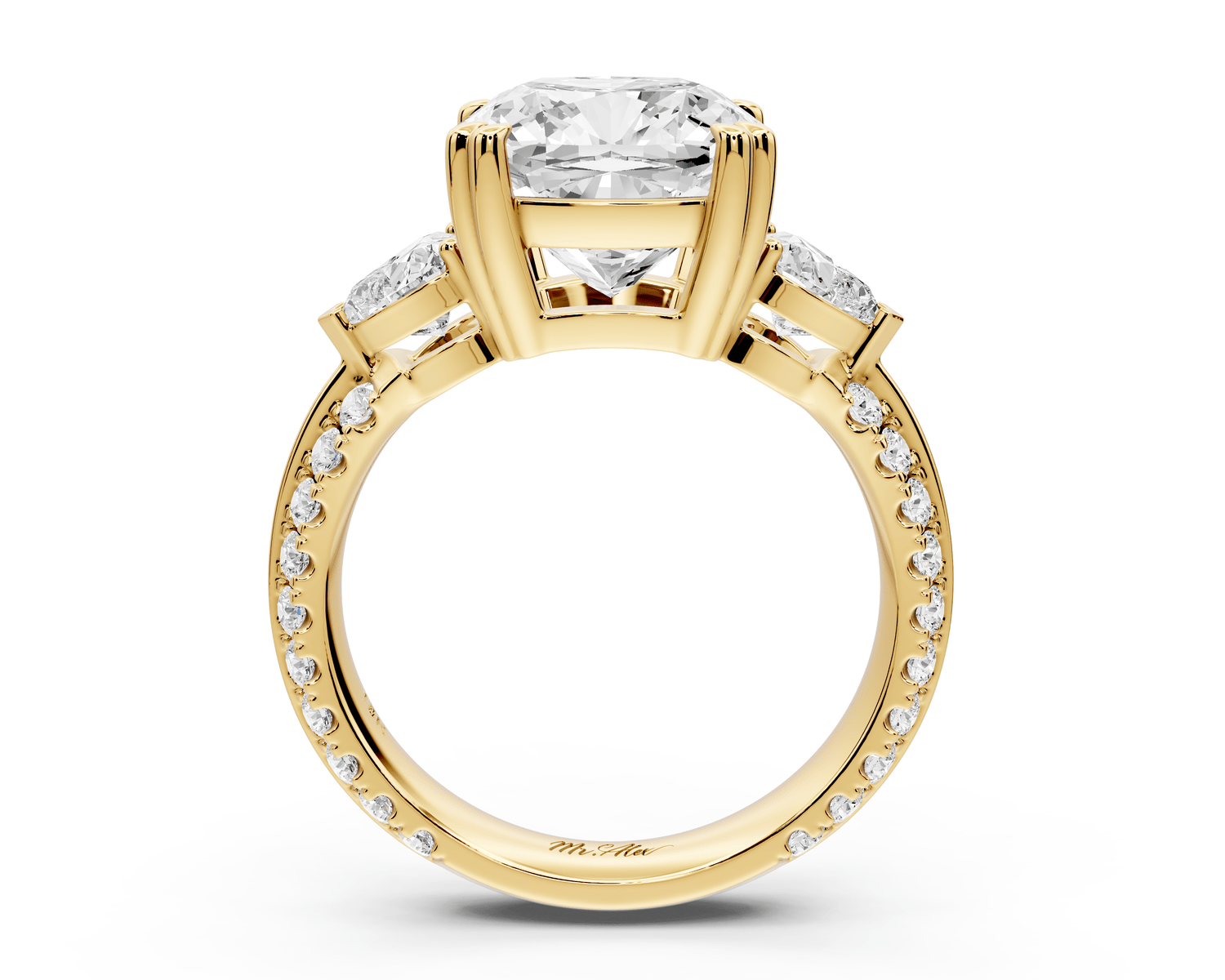 Elinor - 4ct 18k yellow gold cushion diamond Double talon prongs with two heart side stones and rollover pavé engagement ring - Mr. Alex Jewelry