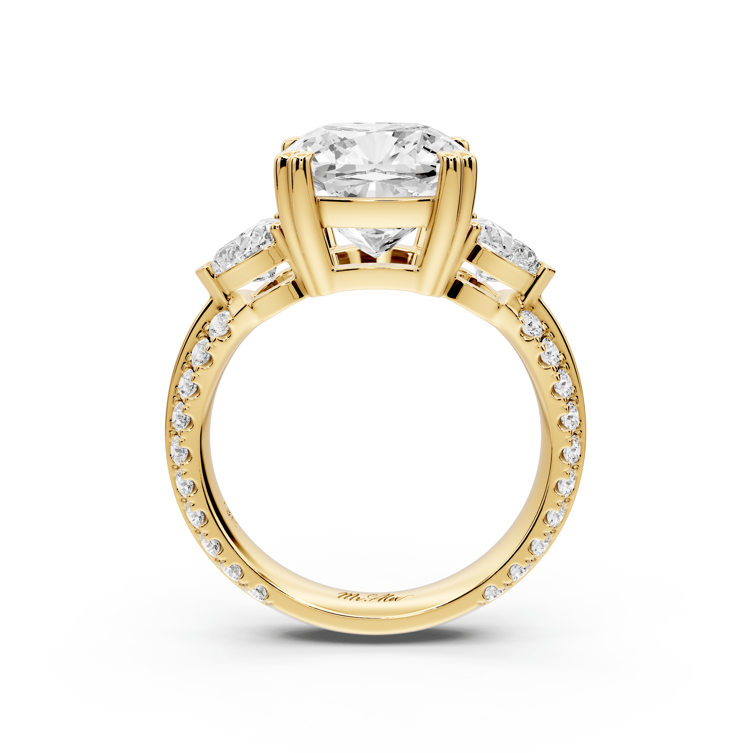 Elinor - 4ct 18k yellow gold cushion diamond Double talon prongs with two heart side stones and rollover pavé engagement ring - Mr. Alex Jewelry