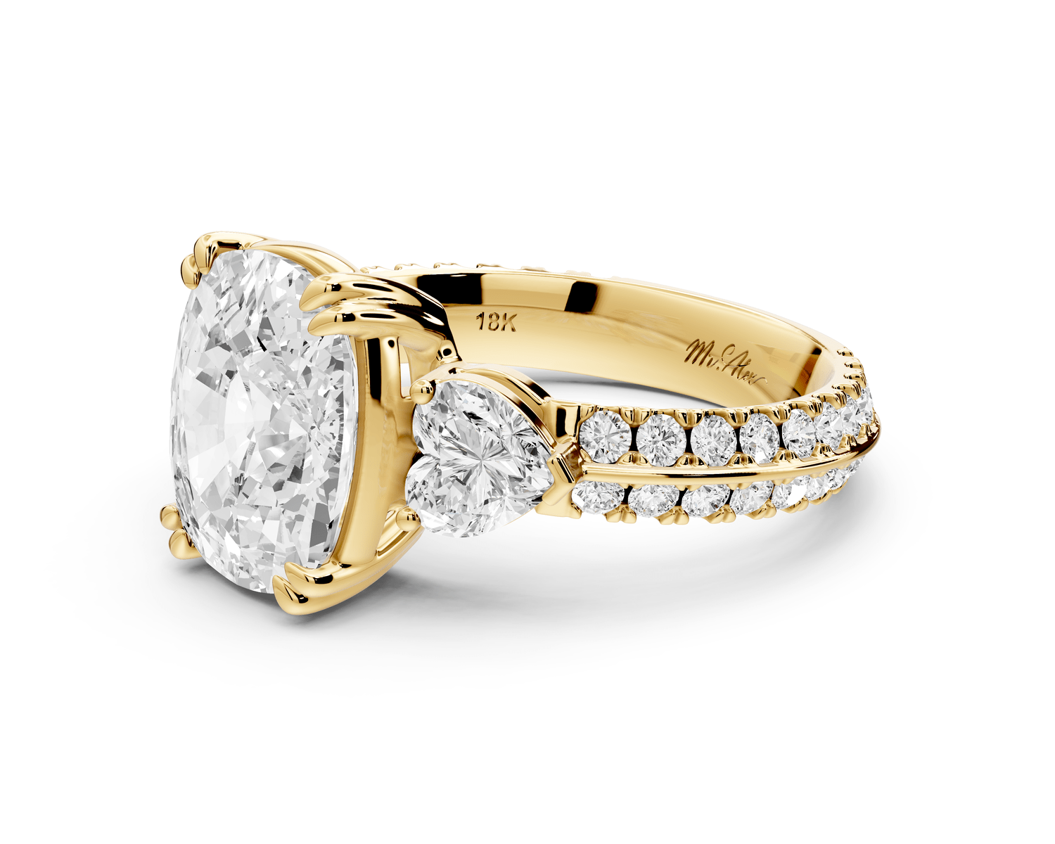 Elinor - 4ct 18k yellow gold ecushion diamond Double talon prongs with two heart side stones and rollover pavé engagement ring - Mr. Alex Jewelry