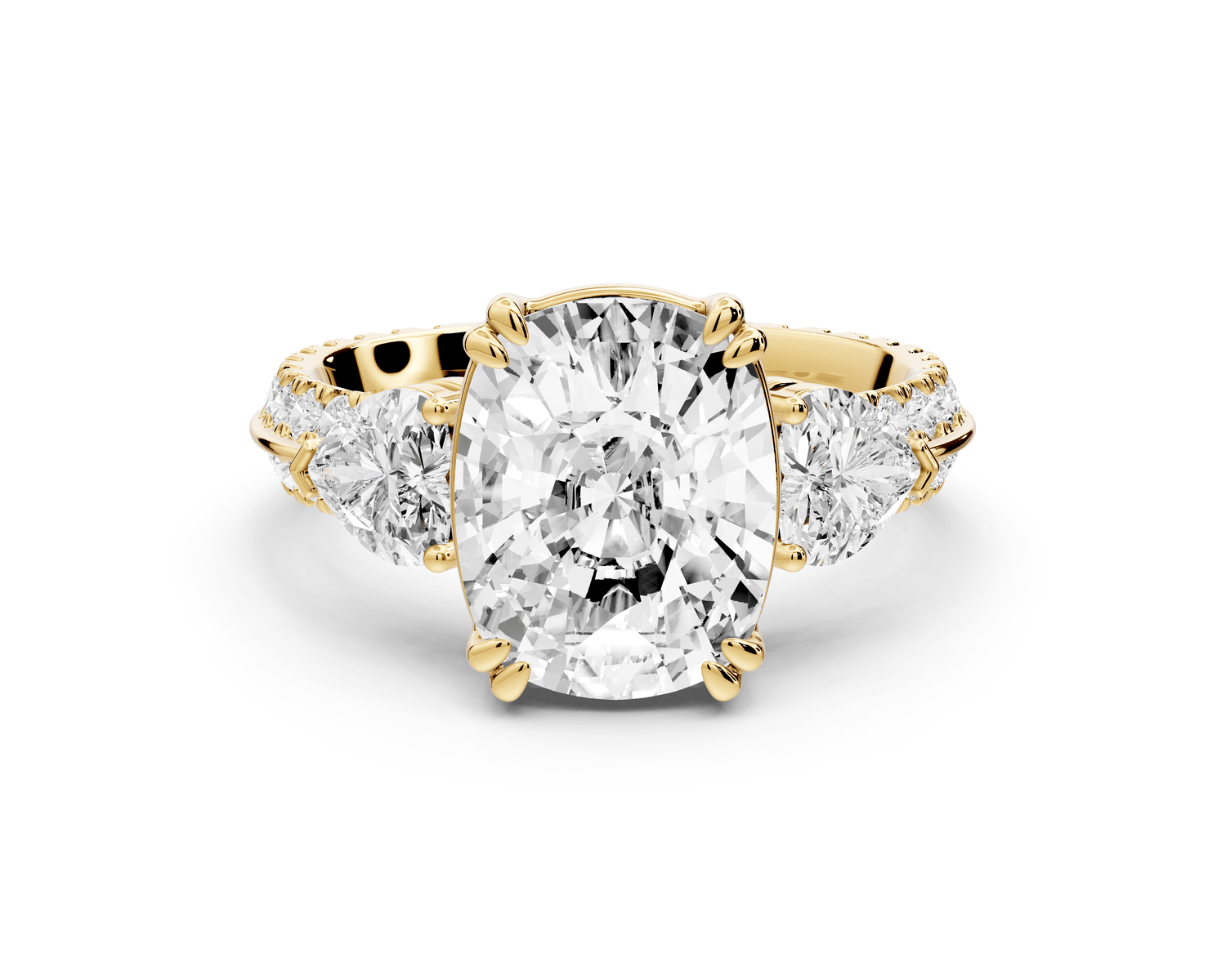 Elinor - 4ct 18k yellow gold ecushion diamond Double talon prongs with two heart side stones and rollover pavé engagement ring - Mr. Alex Jewelry