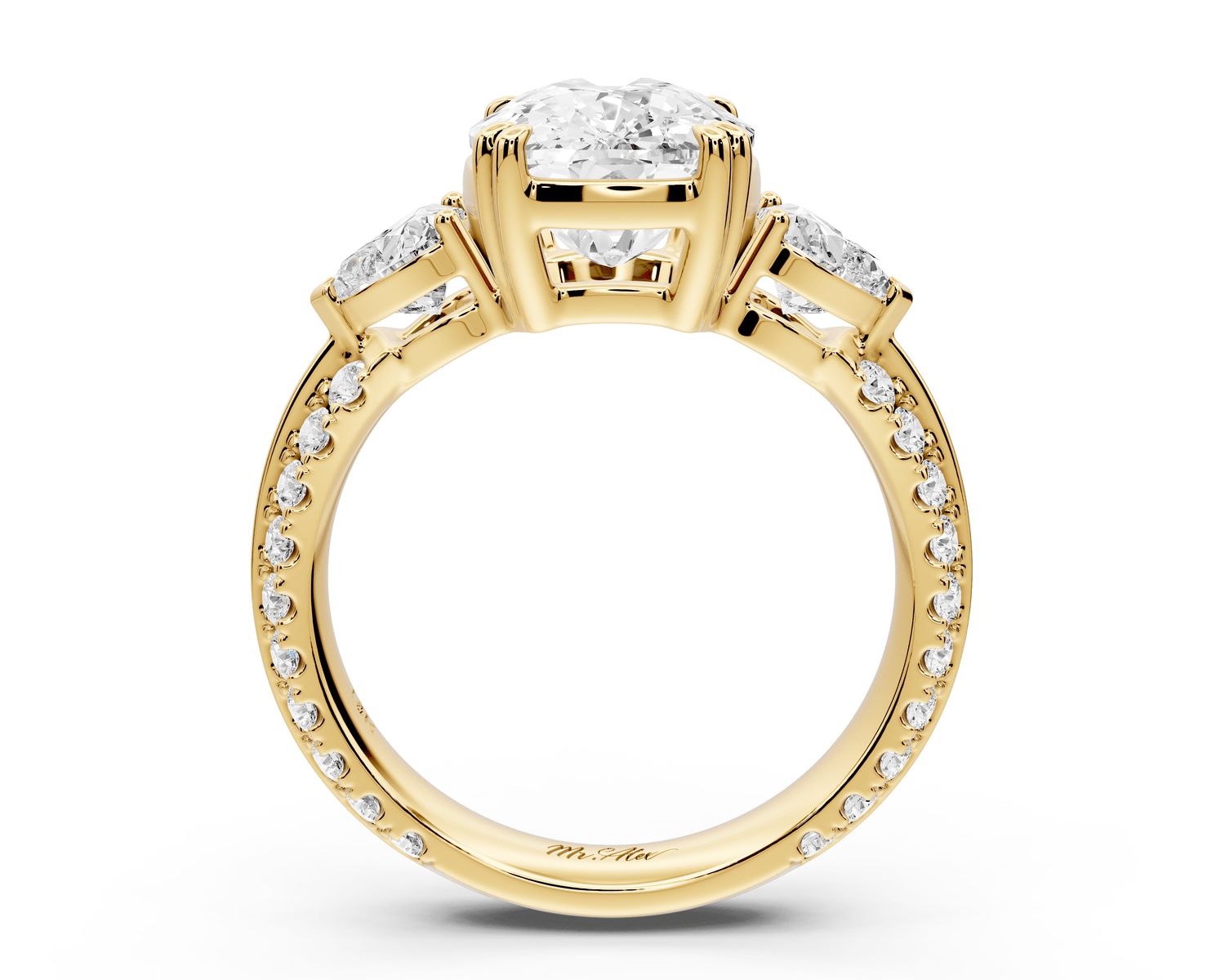 Elinor - 4ct 18k yellow gold ecushion diamond Double talon prongs with two heart side stones and rollover pavé engagement ring - Mr. Alex Jewelry
