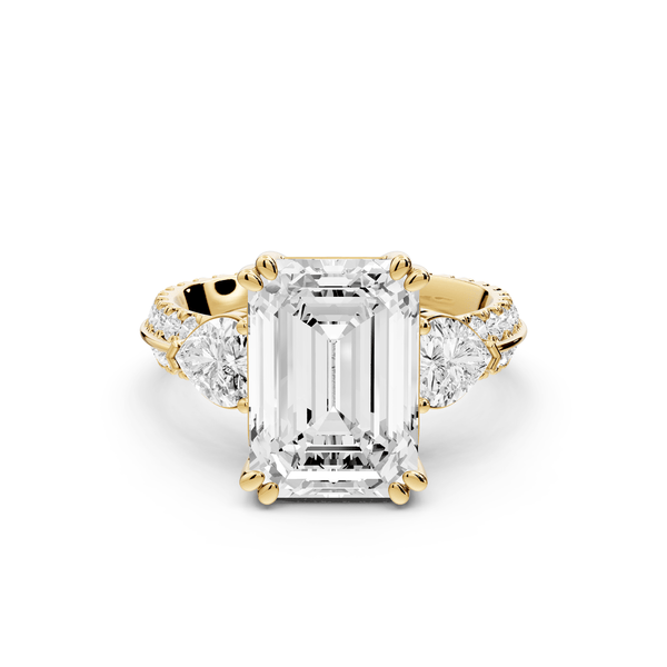 Elinor - 4ct 18k yellow gold emerald diamond Double talon prongs with two heart side stones and rollover pavé engagement ring - Mr. Alex Jewelry