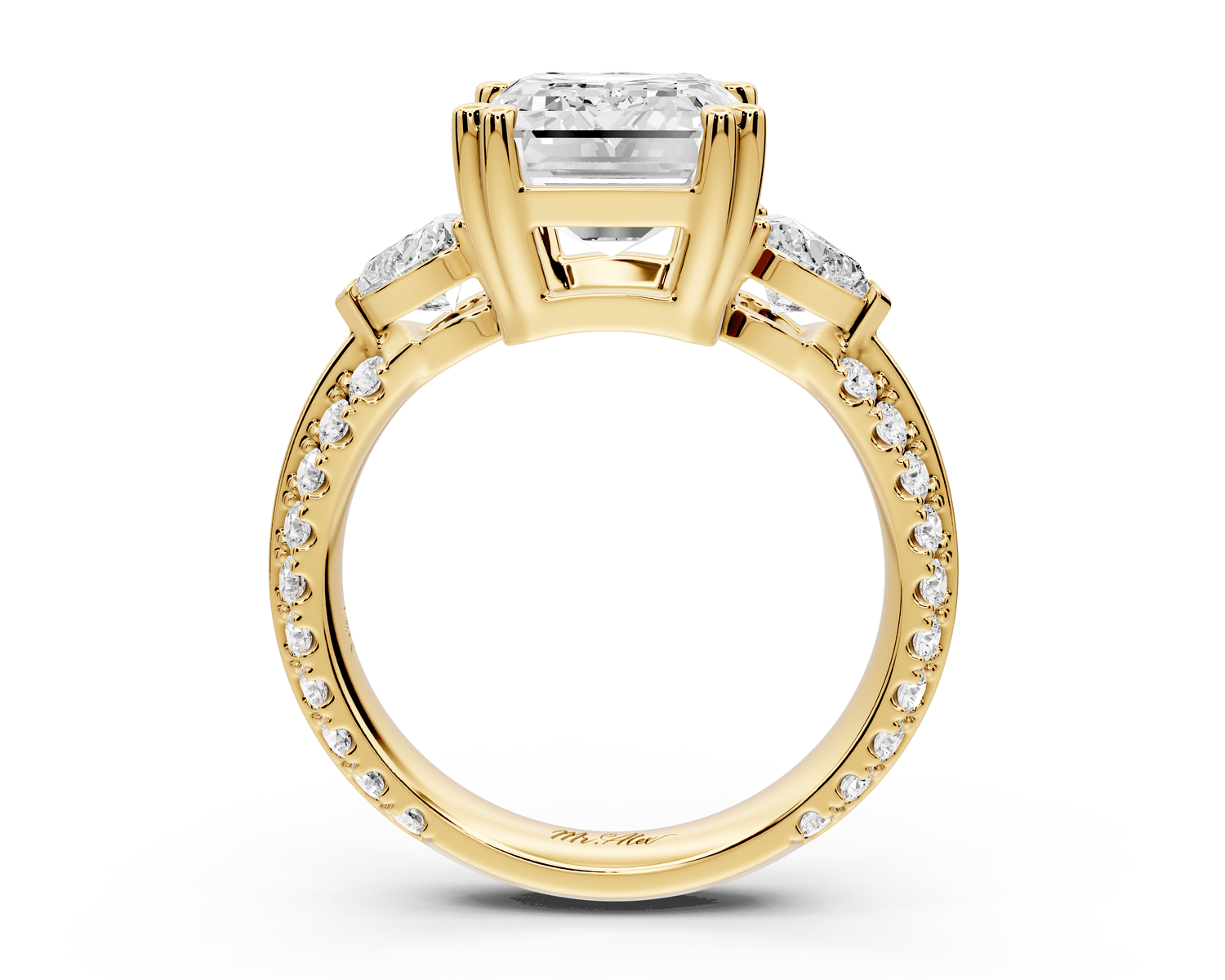 Elinor - 4ct 18k yellow gold emerald diamond Double talon prongs with two heart side stones and rollover pavé engagement ring - Mr. Alex Jewelry