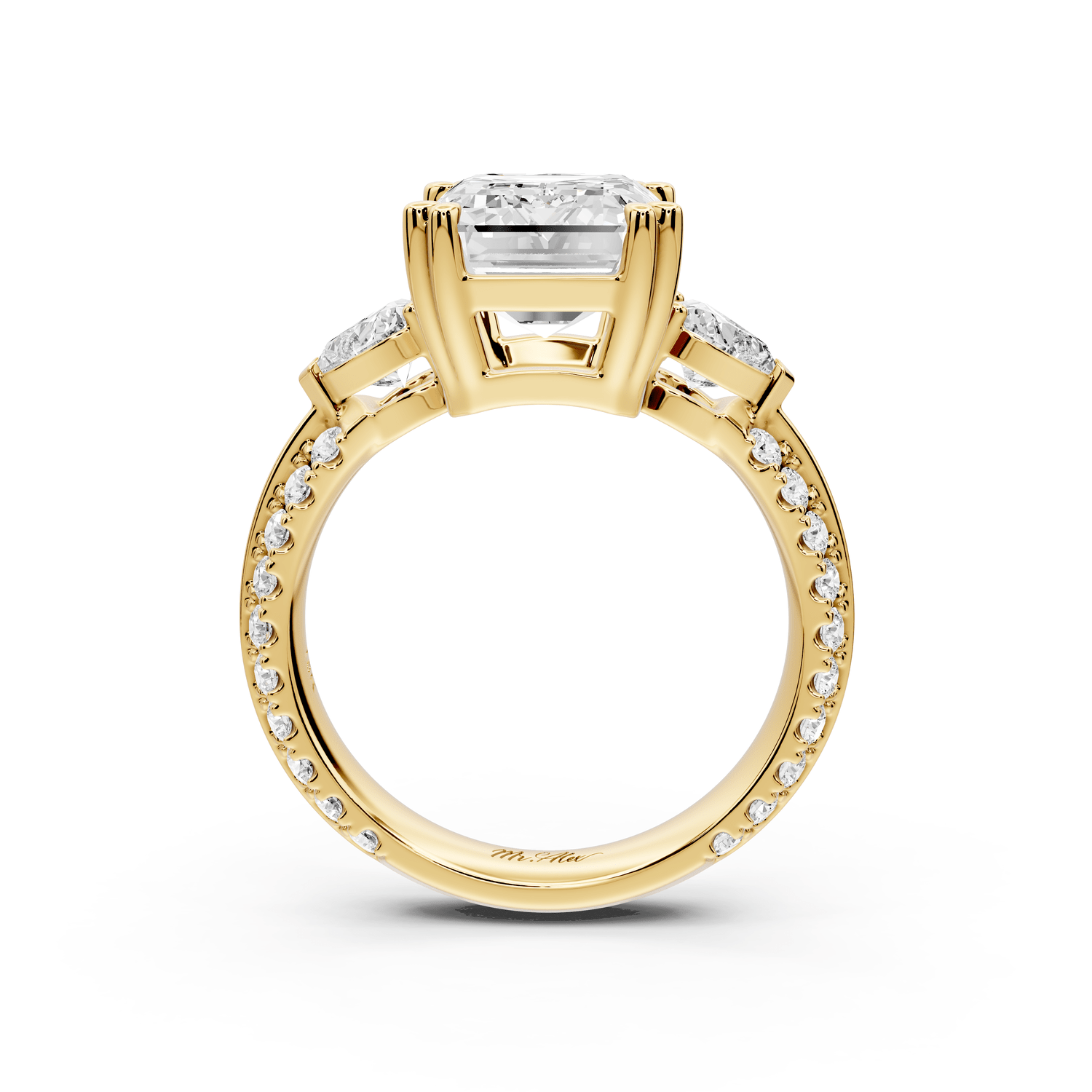 Elinor - 4ct 18k yellow gold emerald diamond Double talon prongs with two heart side stones and rollover pavé engagement ring - Mr. Alex Jewelry