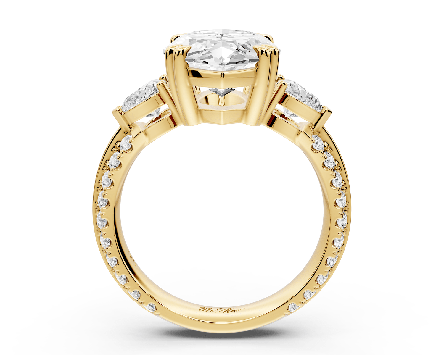 Elinor - 4ct 18k yellow gold marquise diamond Double talon prongs with two heart side stones and rollover pavé engagement ring - Mr. Alex Jewelry